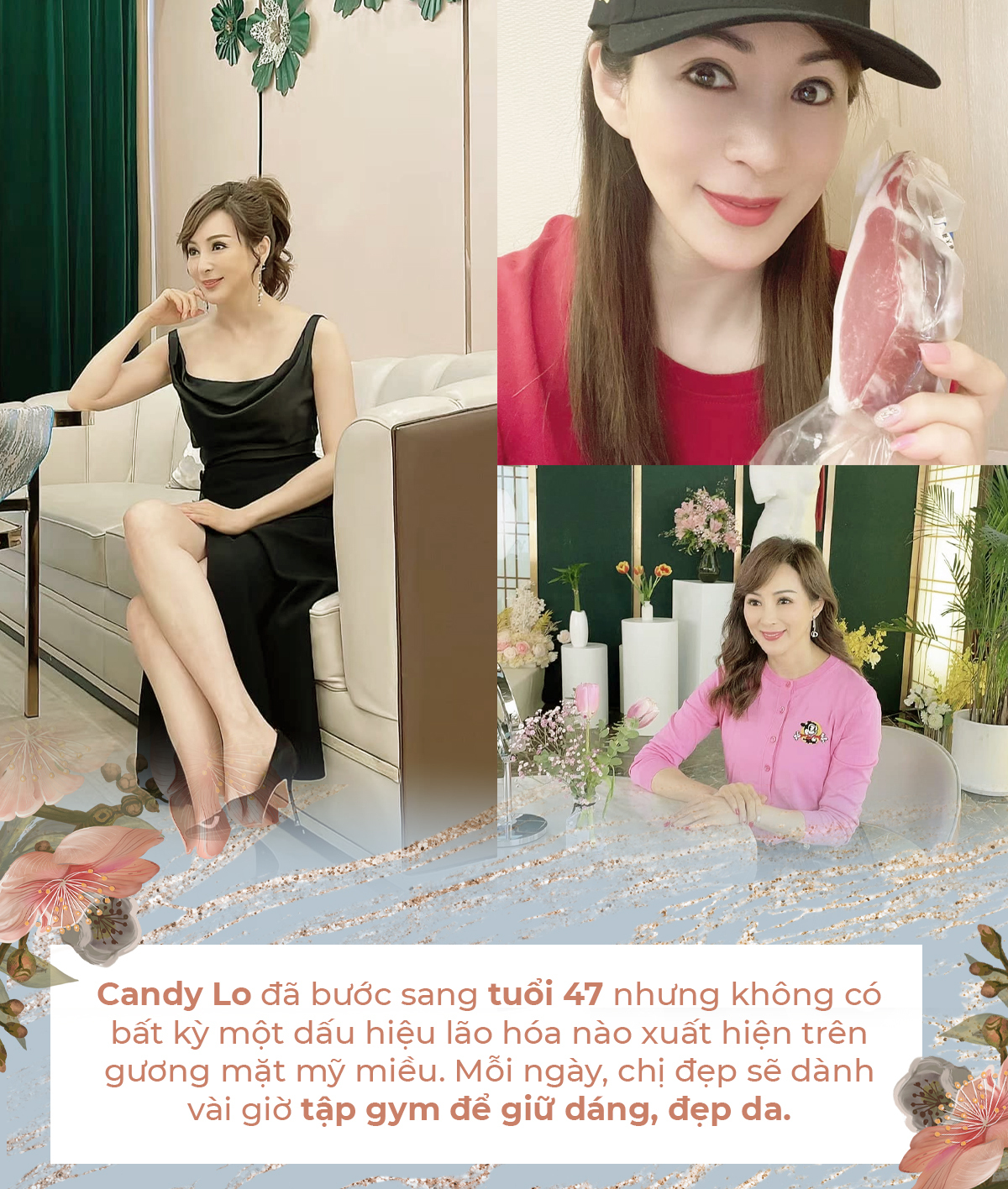 Bí quyết trẻ hóa làn da và lão hóa ngược của Candy Lo - quý bà 47 tuổi vẫn trẻ trung và xinh đẹp, không dấu hiệu lão hóa. Cô thường chăm chỉ tập gym để giữ dáng và có làn da mịn màng.