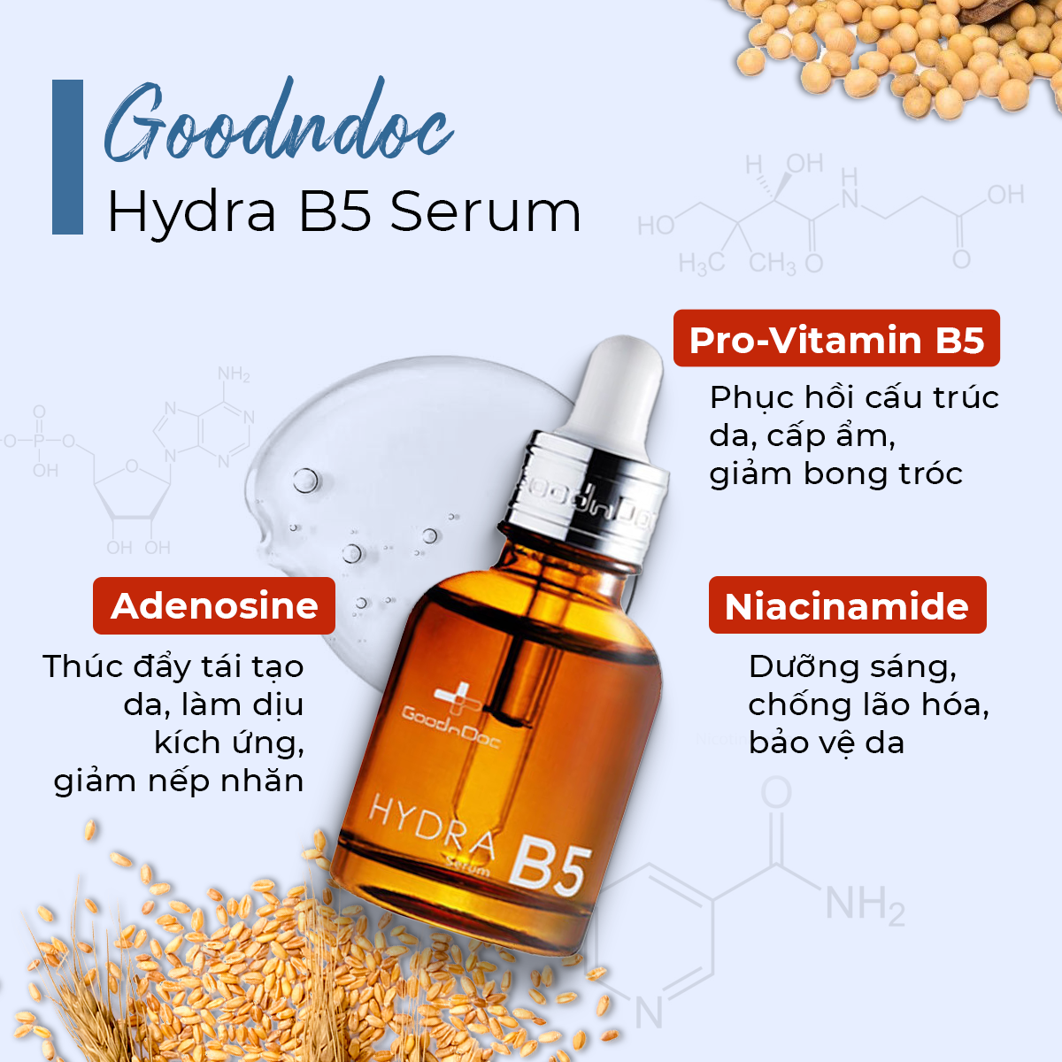 Serum Goodndoc Hydra B5 với thành phần Pro-Vitamin B5, Adenosine và Niacinamide, giúp phục hồi cấu trúc da, cấp ẩm, và giảm bong tróc. Lời khuyên cho việc sử dụng retinol hiệu quả mà không gây kích ứng.