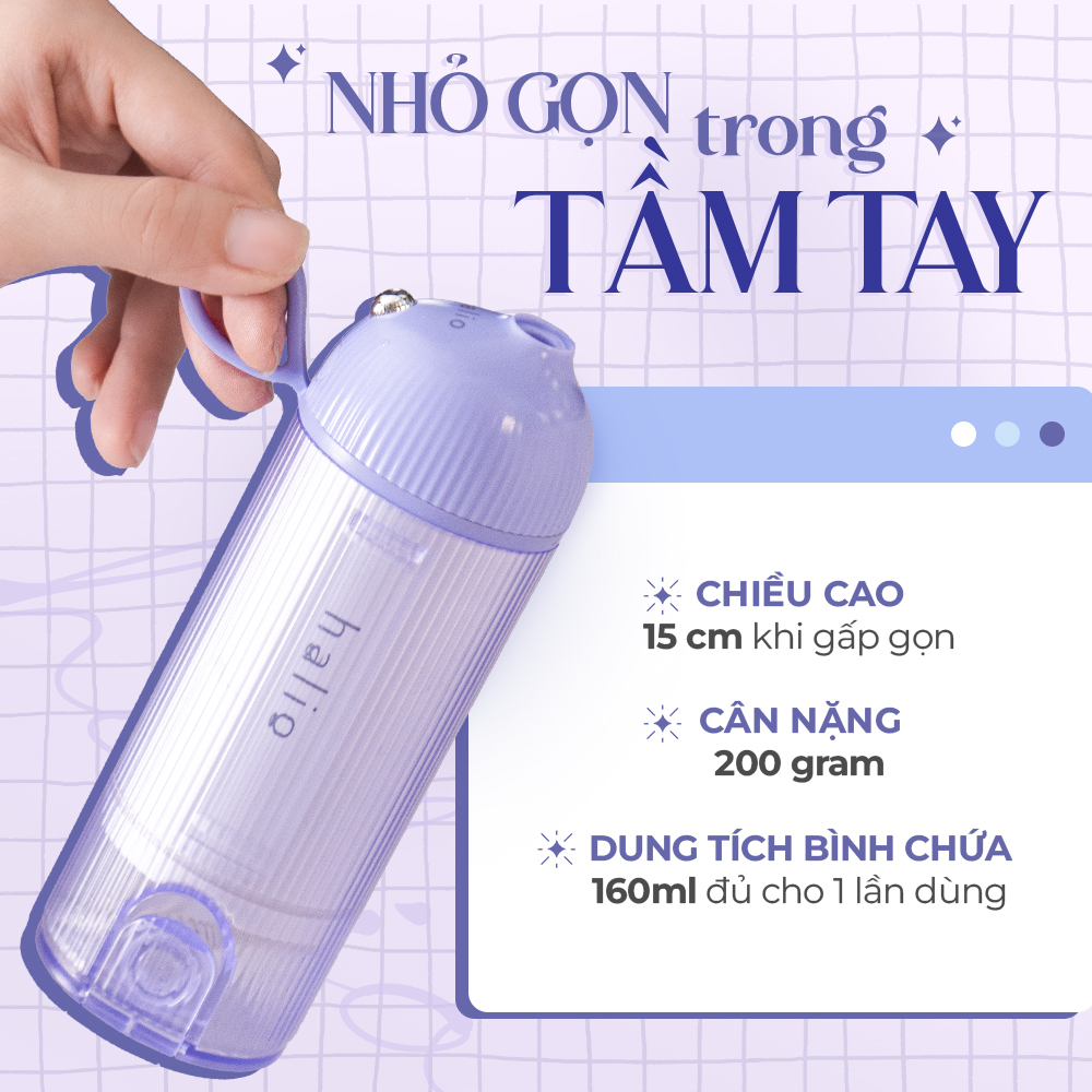 Tăm nước Halio UltraClean với gam màu Periwinkle siêu hot, kích thước gọn nhẹ chỉ 15 cm khi gập gọn, trọng lượng 200 gram, dung tích bình chứa 160ml. Sản phẩm lý tưởng cho việc chăm sóc răng miệng hàng ngày của tín đồ thời trang.