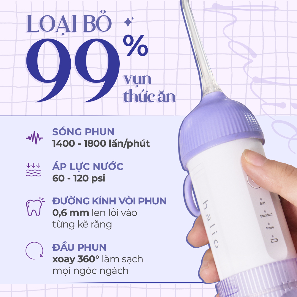 Halio UltraClean Oral Irrigator với màu sắc Periwinkle nổi bật, giúp loại bỏ 99% vụn thức ăn với sóng phun 1400-1800 lần/phút, áp lực nước từ 60-120 psi. Đặc biệt thích hợp cho chăm sóc răng miệng chuyên sâu, một lựa chọn thú vị cho tín đồ thời trang.