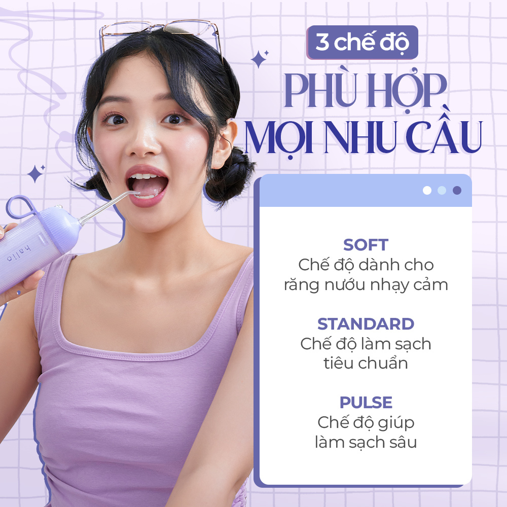 Halio UltraClean Oral Irrigator màu Periwinkle, cung cấp 3 chế độ: Soft cho răng nhạy cảm, Standard làm sạch tiêu chuẩn, và Pulse giúp làm sạch sâu. Tăm nước Halio tím là lựa chọn tuyệt vời cho người yêu thích chăm sóc răng miệng.