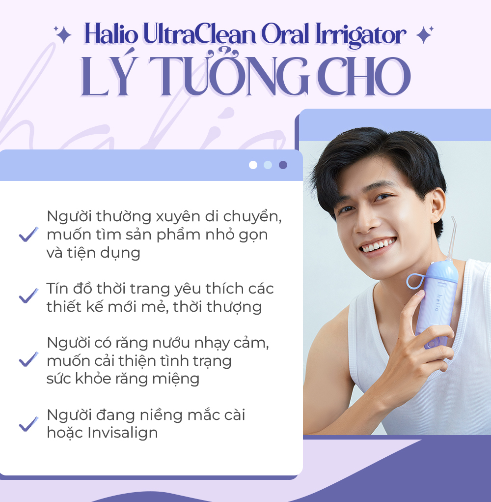 Duy nhất trên thị trường hiện nay, tăm nước Halio UltraClean màu Periwinkle hứa hẹn phù hợp cho người thường xuyên di chuyển, yêu thích thời trang, và đang niềng Invisalign. Đánh giá tăm nước Halio chất lượng, tiện dụng, phù hợp với nhu cầu chăm sóc răng miệng.