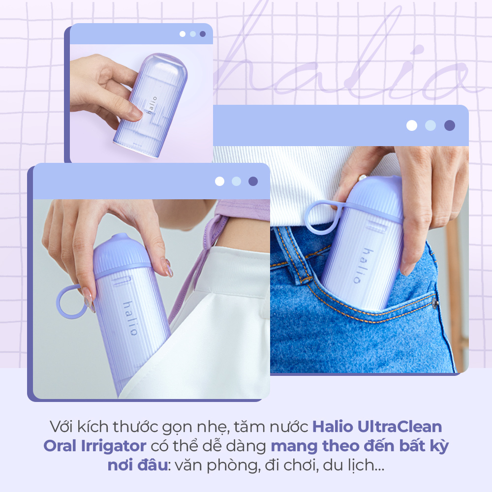Tăm nước Halio UltraClean Oral Irrigator màu Periwinkle nổi bật, nhỏ gọn, dễ mang theo, lý tưởng cho nhu cầu chăm sóc răng miệng tại văn phòng, đi chơi, du lịch, phản ánh xu hướng thời trang hiện đại.