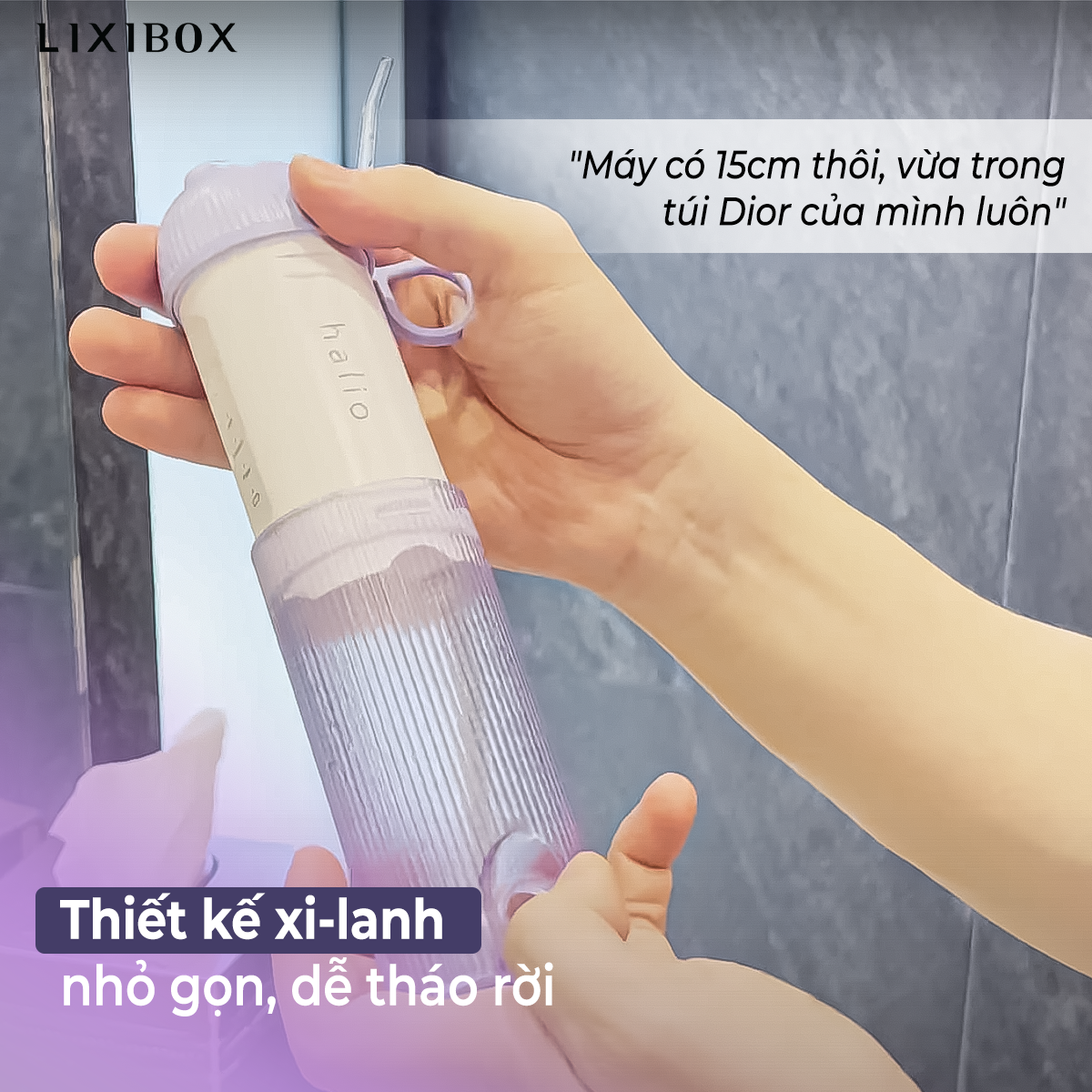 Tăm nước Halio UltraClean đang được cầm trên tay, thiết kế nhỏ gọn, tiện lợi để mang theo. Đặc biệt, sản phẩm có chiều dài chỉ 15cm, lý tưởng cho việc sử dụng hàng ngày, được review bởi Vũ Dino.