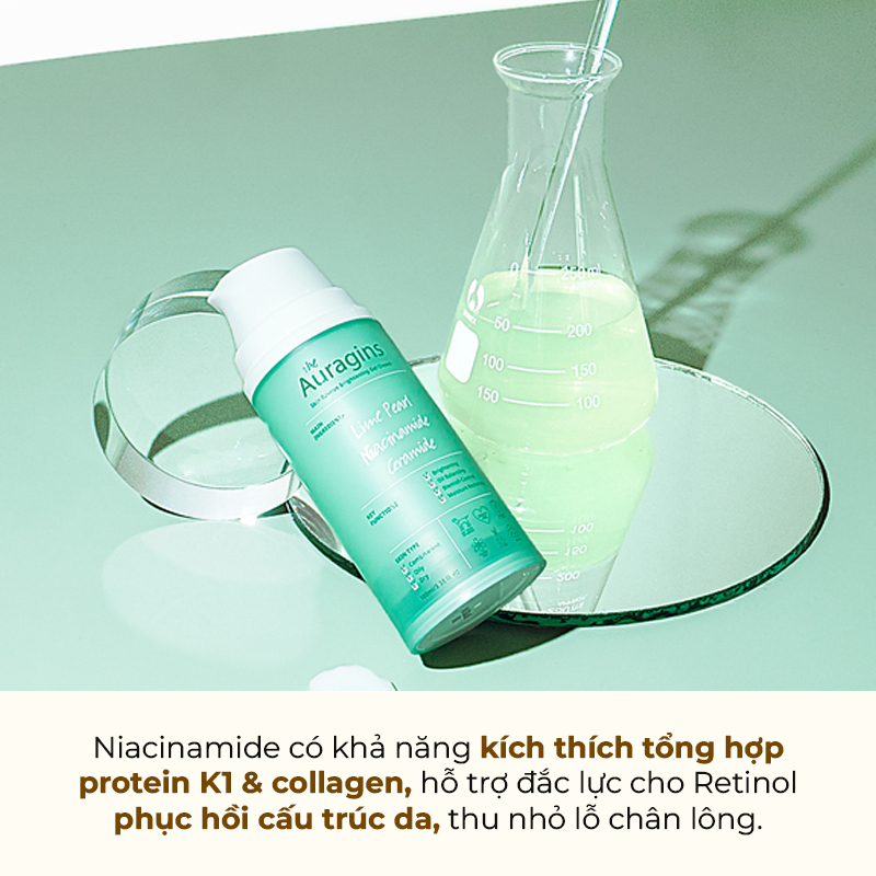 Niacinamide có khả năng kích thích tổng hợp protein K1 & collagen, hỗ trợ đặc lực cho Retinol phục hồi cấu trúc da, thu nhờ lỗ chân lông. Lưu ý khi sử dụng Retinol để tránh kích ứng và đạt hiệu quả tối ưu.