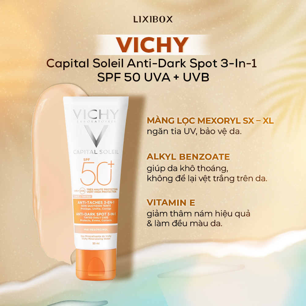 Vichy Capital Soleil Anti-Dark Spot 3-In-1 SPF 50 UVA + UVB, với màng lọc Mexoryl SX-XL, alkyl benzoate giúp da khô thoáng, vitamin E giảm thâm nám, lý tưởng cho kem chống nắng mùa hè và cho da dầu.