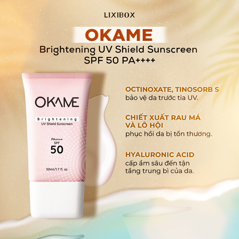 Kem chống nắng OKAME Brightening UV Shield SPF 50 PA++++, chứa Octinoxate, Tinosorb S bảo vệ da khỏi tia UV, cùng chiết xuất rau má và lô hội phục hồi da tổn thương. Hyaluronic Acid cung cấp độ ẩm sâu cho da. Đừng bỏ lỡ sản phẩm này cho mùa hè!