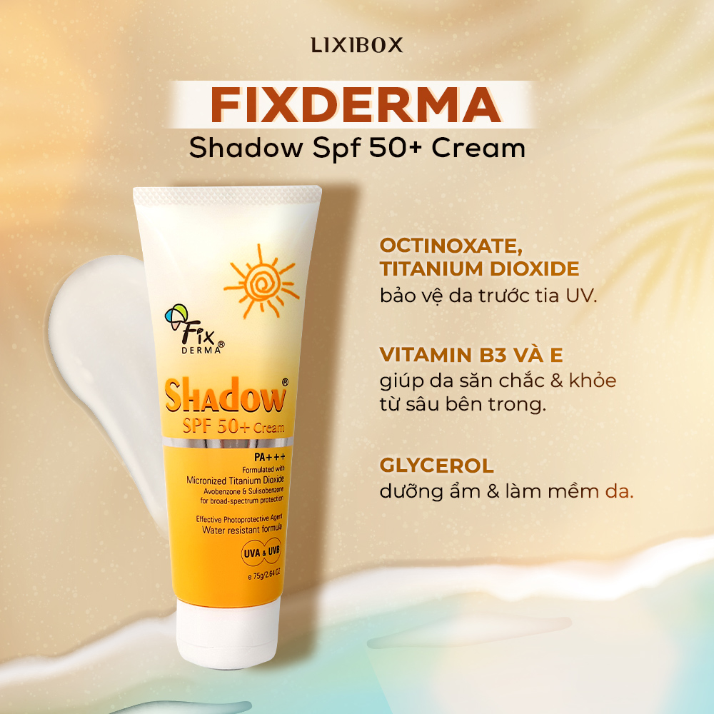 Kem chống nắng Fixderma Shadow SPF 50+ với thành phần Octinoxate và Titanium Dioxide bảo vệ da khỏi tia UV. Chứa Vitamin B3 và E giúp da chắc khỏe từ bên trong. Sản phẩm lý tưởng cho da dầu và chống nắng hiệu quả vào mùa hè.