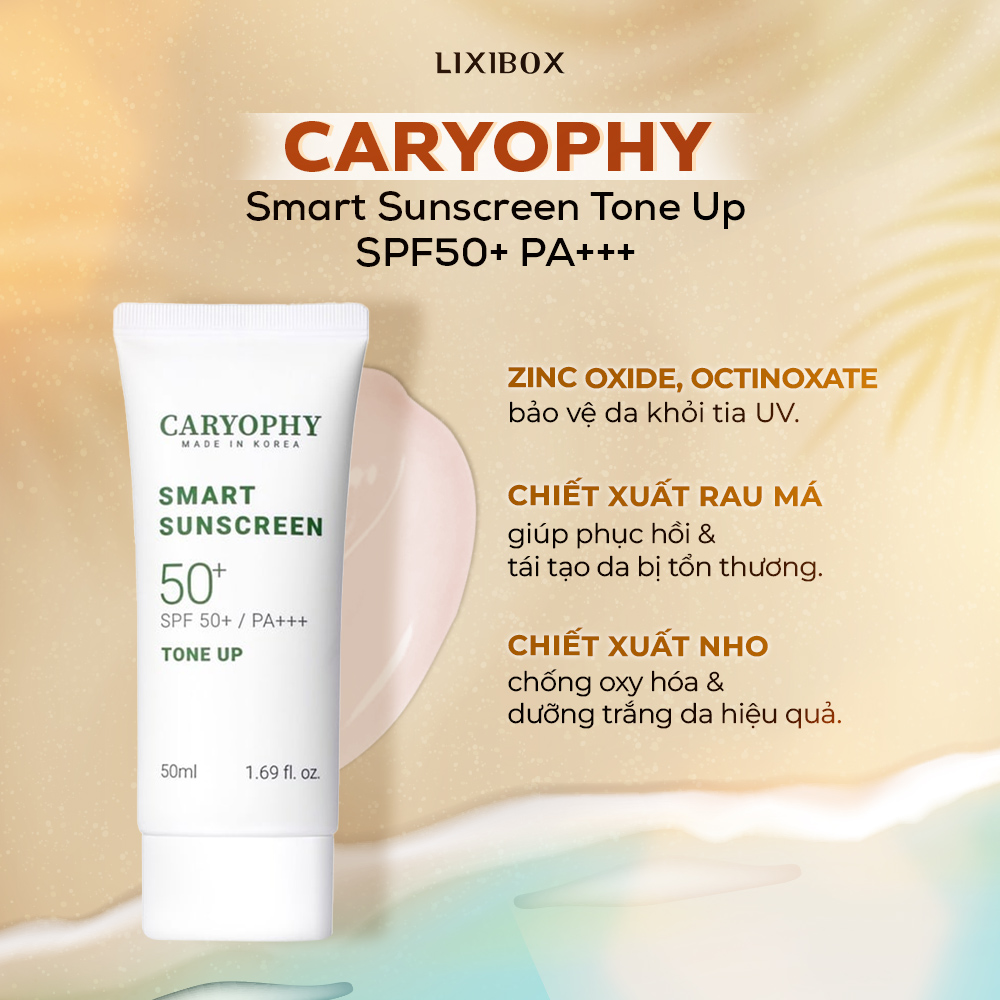 Kem chống nắng Caryophy Smart Sunscreen Tone Up SPF50+ PA+++ với công thức chứa zinc oxide và octinoxate bảo vệ da khỏi tác hại UV, đồng thời chiết xuất rau má và nhọ nồi giúp phục hồi, tái tạo, chống oxy hóa và làm trắng da. Tổng hợp các sản phẩm kem chống nắng kiềm dầu, phù hợp cho mùa hè.