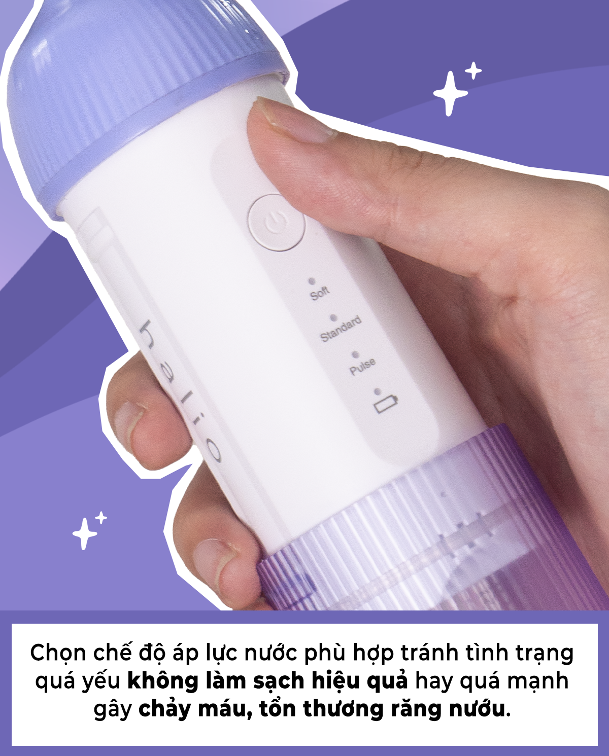 Máy tăm nước Halio UltraClean được cầm trên tay, thể hiện cách chọn chế độ áp lực nước để tránh làm sạch không hiệu quả hoặc gây tổn thương răng miệng. Lưu ý khi dùng tăm nước để tránh những sai lầm thường gặp.