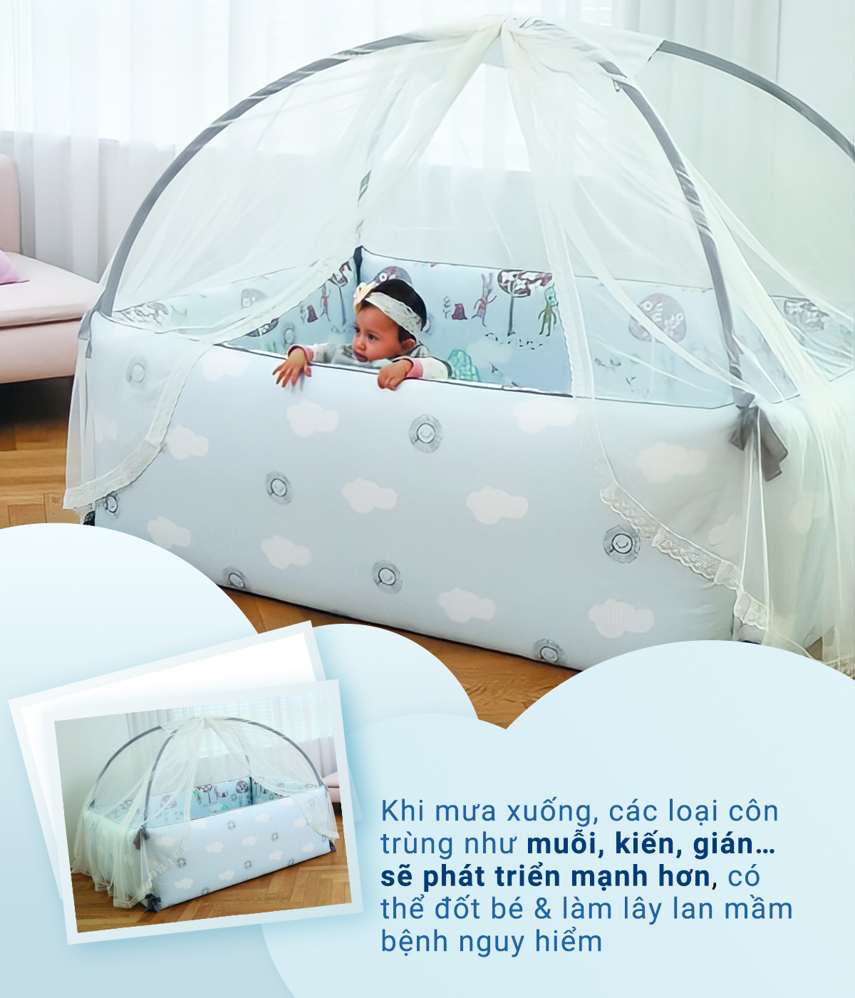 Khi mưa xuống, các loại côn trùng như muỗi, kiến, gián… sẽ phát triển mạnh hơn, có thể đốt bé & làm lây lan mầm bệnh nguy hiểm. Hướng dẫn chăm sóc bé mùa mưa để ngăn ngừa ốm vặt và kích ứng da.