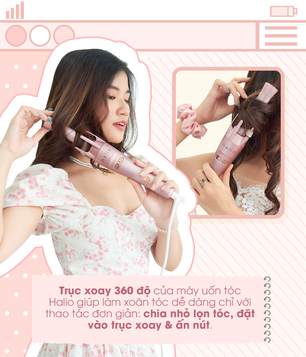 Máy uốn tóc tự động Halio giúp tạo kiểu dễ dàng với thao tác đơn giản như chia nhỏ lọn tóc, đặt vào trục xoay và ấn nút. Thiết bị mới ra mắt cho phái đẹp, lý tưởng cho người mới bắt đầu.