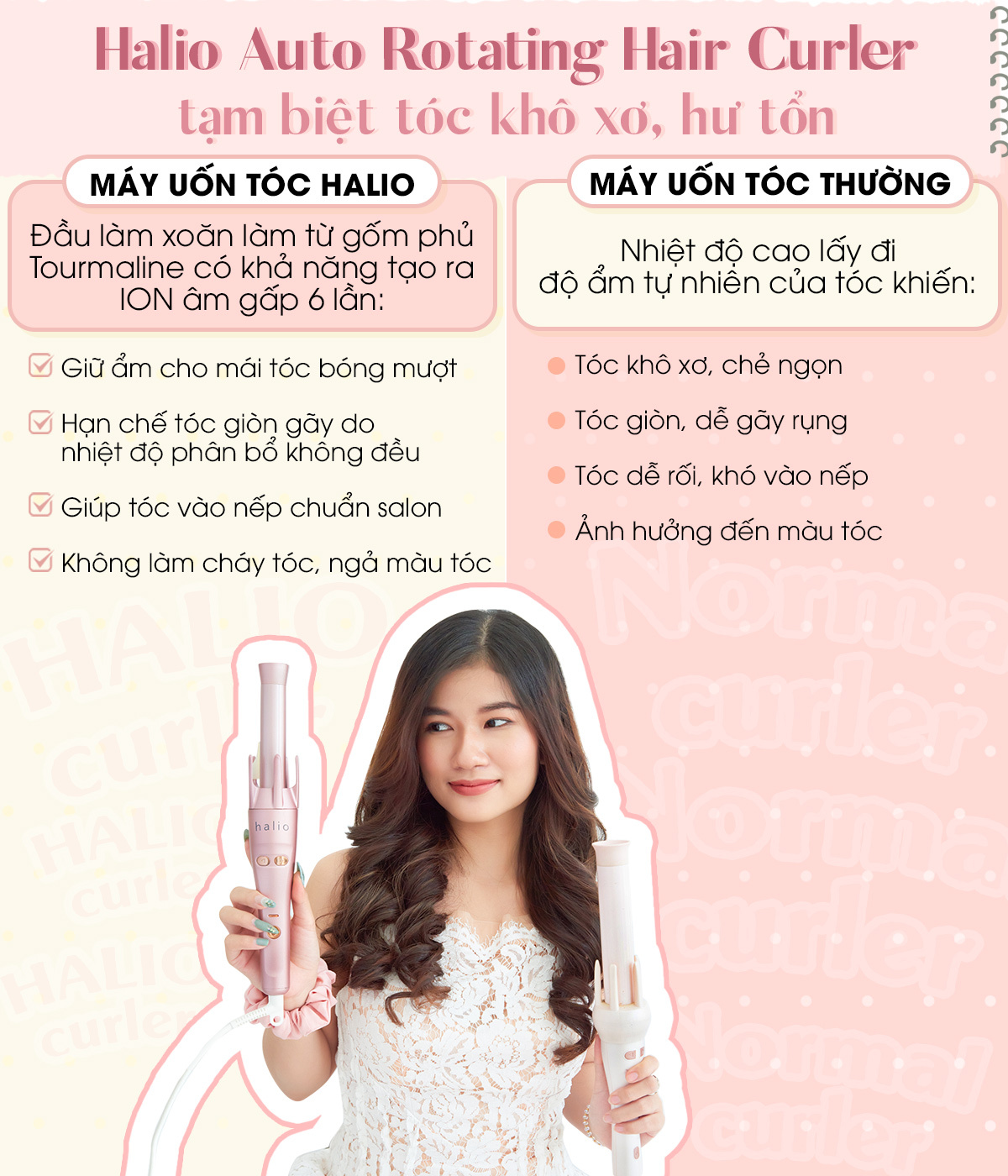 Máy uốn tóc tự động Halio, Halio Auto Rotating Hair Curler, mang đến trải nghiệm làm đẹp dễ dàng cho những người lần đầu uốn tóc. Sản phẩm có khả năng giữ ẩm cho tóc, không làm cháy tóc và giúp tạo kiểu như ở salon chỉ trong 15 phút.