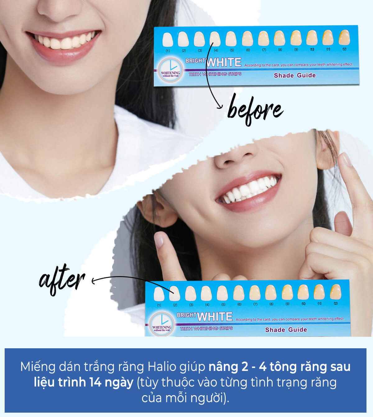 Bóc info miếng dán trắng răng Halio sản xuất tại Mỹ, giúp nâng tông răng 2-4 sắc độ sau 14 ngày. Cùng khám phá hiệu quả và sự tiện lợi của sản phẩm này cho tín đồ làm đẹp. Halio Whitening Stripe an toàn, không ê buốt.