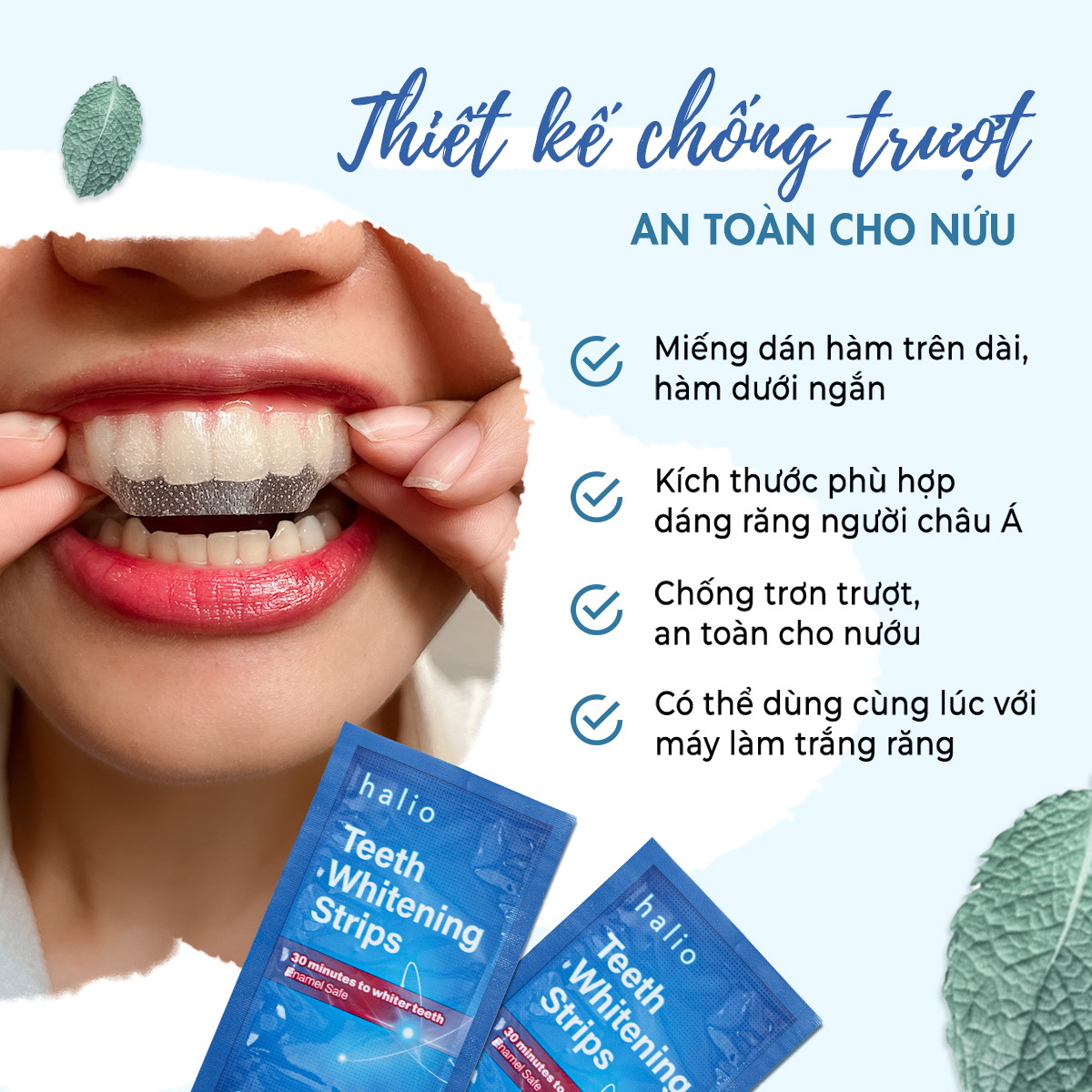 Bóc info miếng dán trắng răng Halio sản xuất tại Mỹ. Tìm hiểu thiết kế chống trượt an toàn cho nướu, kích thước phù hợp cho người Châu Á, và cách sử dụng hiệu quả. Xem miếng dán trắng răng Halio có gây ê buốt hay không.