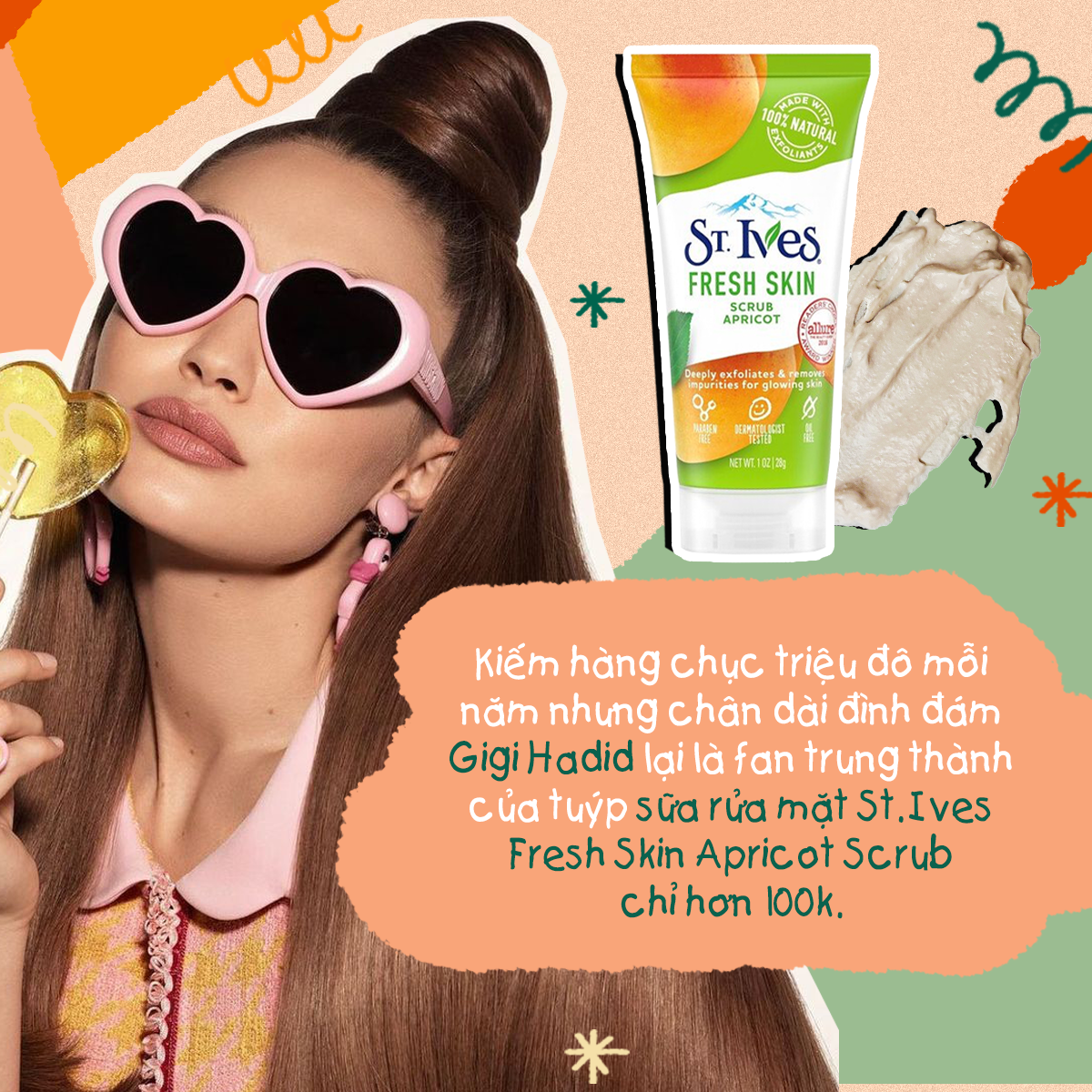 Bài viết về việc các sao Hollywood như Gigi Hadid, Kylie Jenner, và Beyonce yêu thích mỹ phẩm bình dân như St. Ives Fresh Skin Apricot Scrub giá chỉ hơn 100k. Khám phá xu hướng chăm sóc da kinh tế, chất lượng mà nhiều người có thể dễ dàng tìm mua tại Việt Nam.