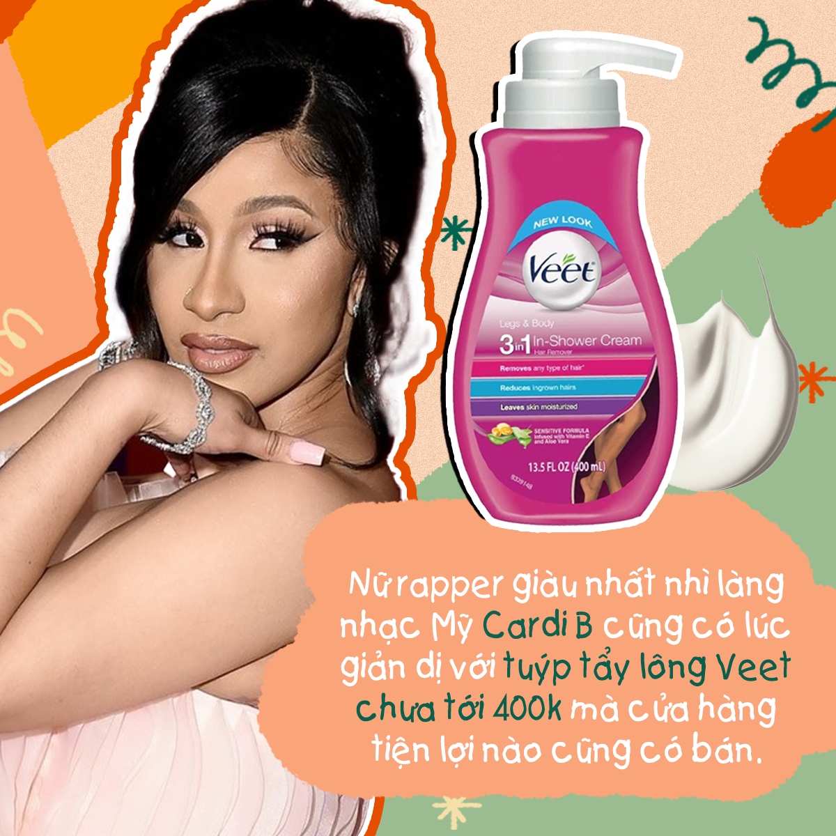 Nữ rapper nổi tiếng Cardi B sử dụng sản phẩm tẩy lông Veet 3 trong 1 có giá phải chăng. Bài viết khám phá cách mỹ phẩm bình dân được các sao Hollywood như Kylie Jenner và Beyonce ưa chuộng.