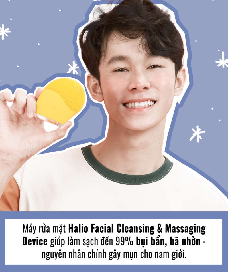 Máy rửa mặt Halio giúp làm sạch 99% bụi bẩn, bã nhờn, nguyên nhân chính gây mụn cho nam giới. Dụng cụ làm đẹp cho nam được khuyến khích sử dụng cùng các sản phẩm khác như tăm nước Halio tím, miếng dán trắng răng Halio.