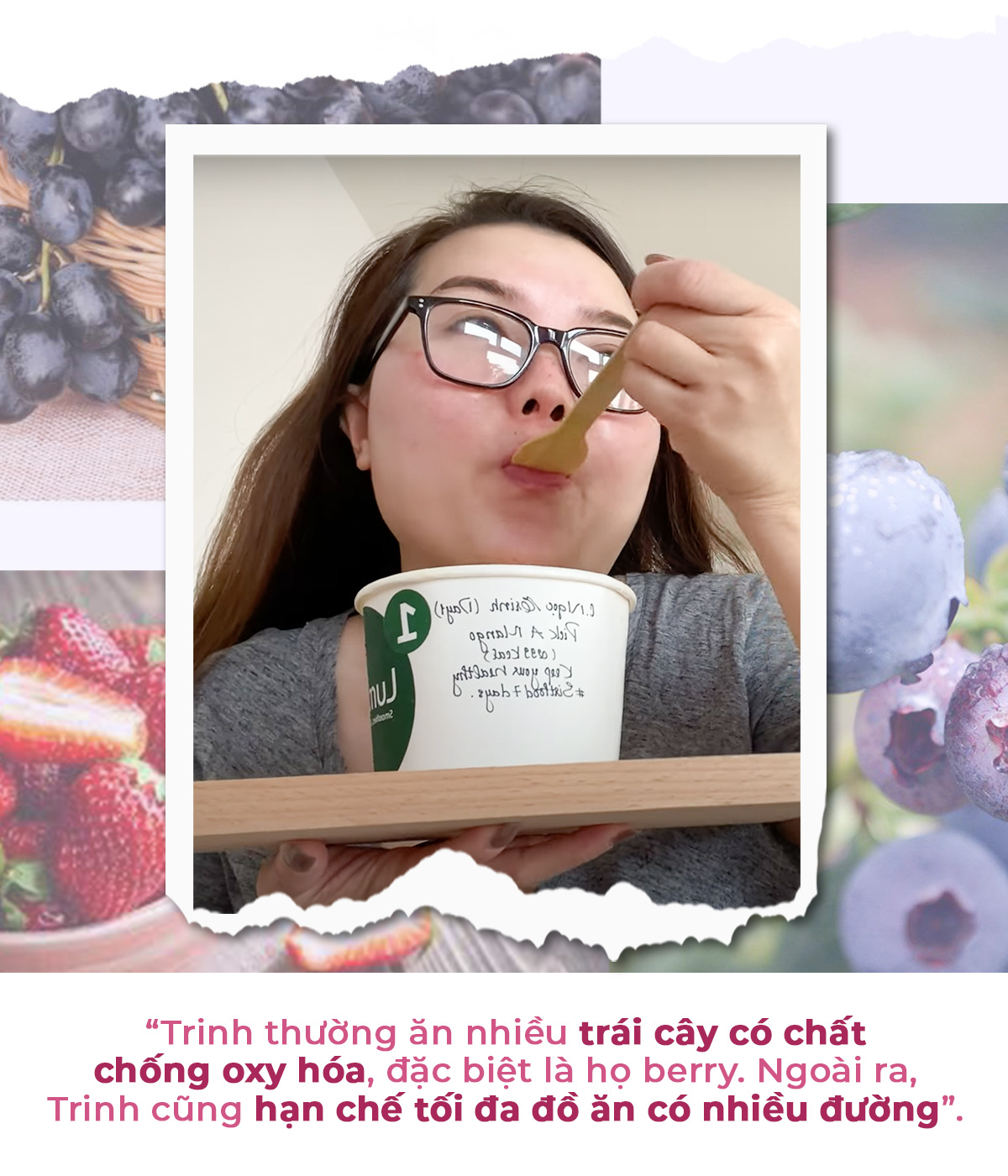 Trinh Meow chia sẻ bí quyết ngừa nếp nhăn và cách chống lão hóa từ bên trong bằng chế độ ăn giàu trái cây chống oxy hóa như berry, đồng thời hạn chế thực phẩm có nhiều đường.