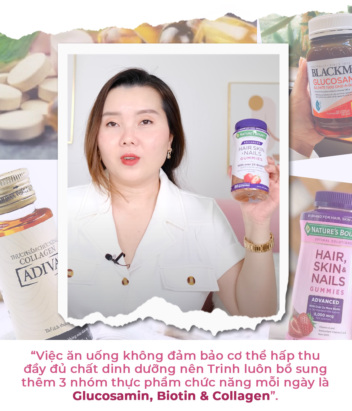 Trinh Meow, một beauty youtuber nổi tiếng, chia sẻ bí quyết ngừa nếp nhăn và chặn đứng lão hóa sau 10 năm chăm sóc da. Cô nhấn mạnh tầm quan trọng của chế độ dinh dưỡng và sản phẩm bổ sung như Glucosamin, Biotin & Collagen.