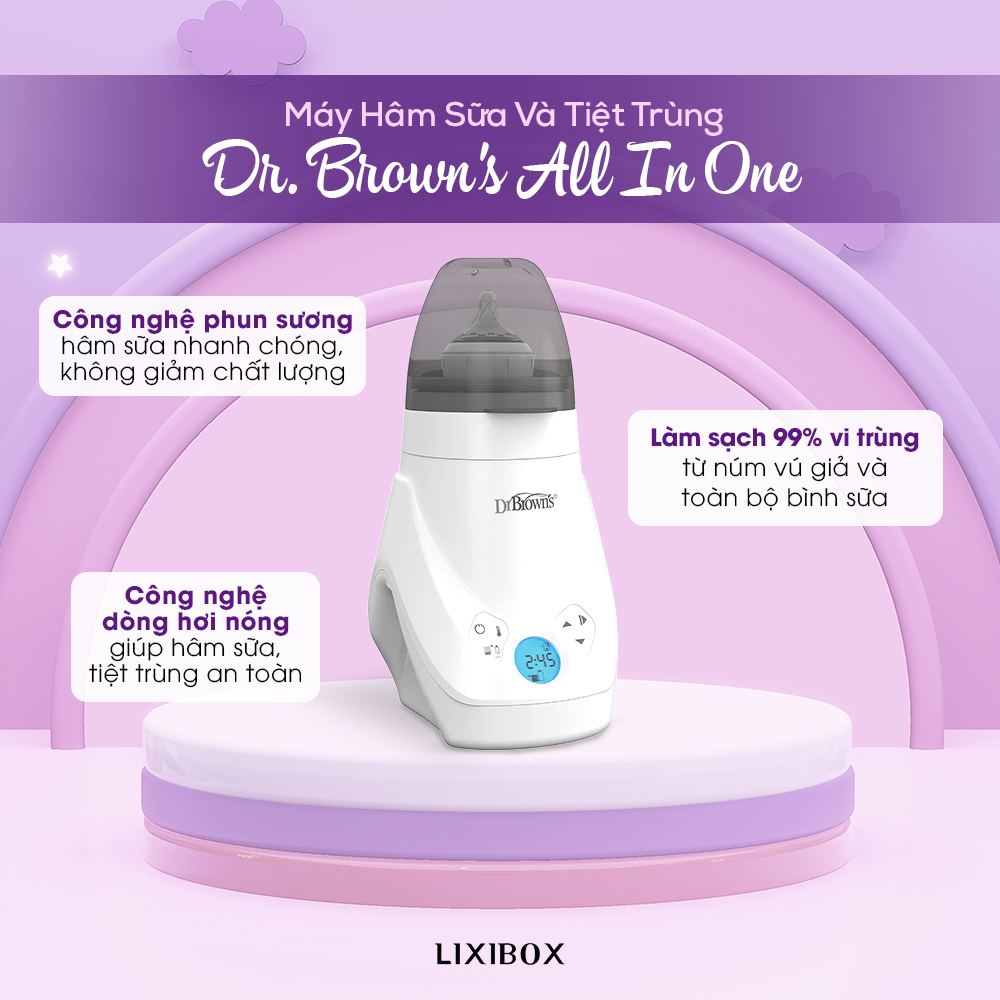 Máy hâm sữa Dr. Brown's All In One, công nghệ phun sương hâm sữa nhanh chóng mà không giảm chất lượng. Làm sạch 99% vi trùng, giúp bảo vệ sức khỏe trẻ nhỏ, và công nghệ dòng hơi nóng an toàn cho việc hâm sữa.