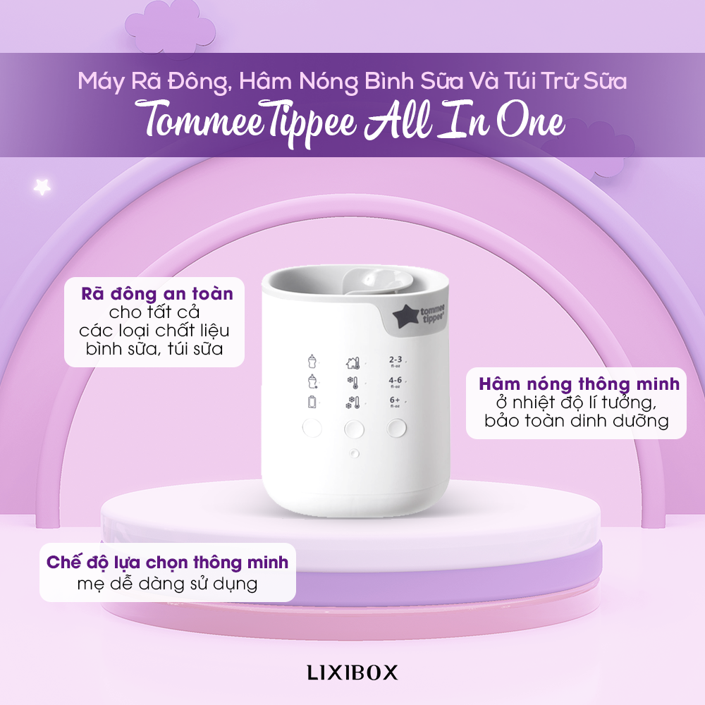 Máy hâm sữa Tommee Tippee All In One với chức năng rã đông an toàn cho mọi loại chất liệu bình sữa. Sản phẩm hâm nóng thông minh giữ nhiệt độ lý tưởng, bảo toàn dinh dưỡng, kèm chế độ lựa chọn thông minh, dễ dàng sử dụng. Thích hợp cho các mẹ bỉm nuôi con nhỏ, tham khảo máy hâm sữa nào tốt như Fatz Baby, Baby Brezza, Dr. Brown's, Philips Avent.