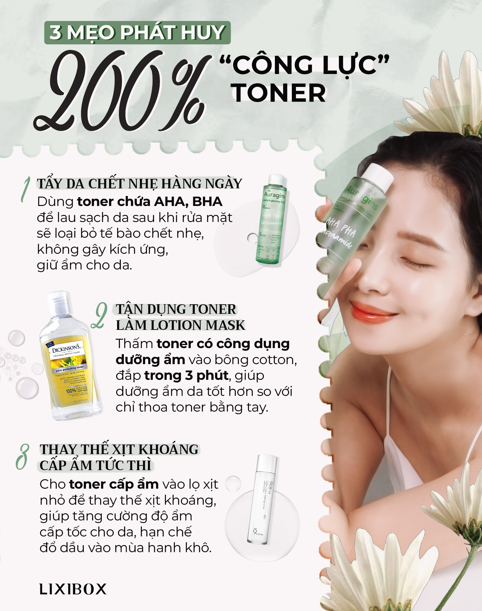 Bài viết "Dùng toner chỉ để cân bằng da là quá phí" đề cập 3 mẹo sử dụng toner hiệu quả. Hướng dẫn cách tẩy da chết nhẹ nhàng với toner AHA, BHA; dùng toner làm lotion mask; và thay thế xịt khoáng bằng toner, giúp tiết kiệm chi phí và nuôi dưỡng da.