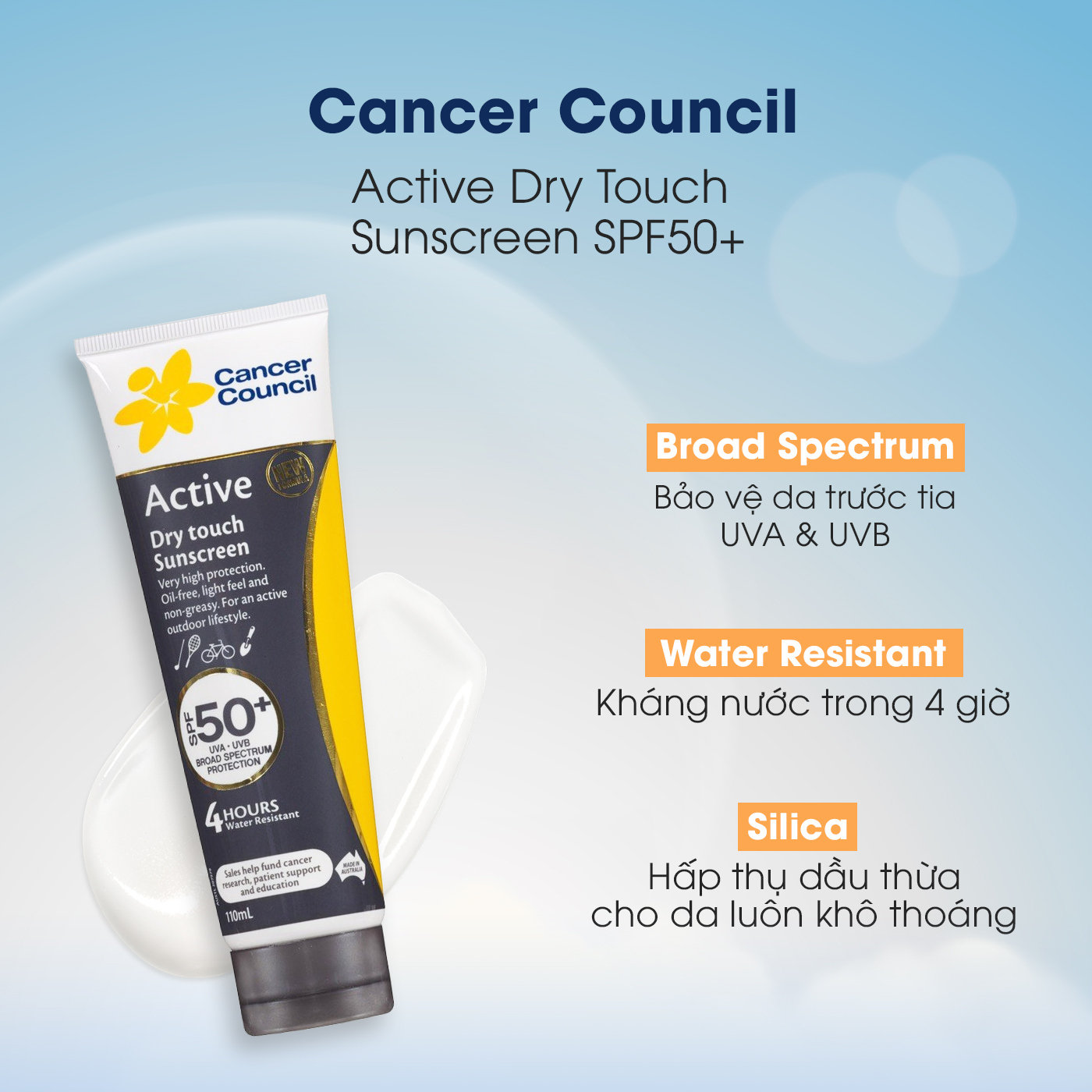 Kem chống nắng Cancer Council Active Dry Touch SPF50+ với khả năng bảo vệ da dưới tác động của tia UVA & UVB. Sản phẩm không nhờn rít, thấm nhanh, phù hợp cho hoạt động ngoài trời, càng thêm hấp dẫn với chương trình GWP Lixibox.