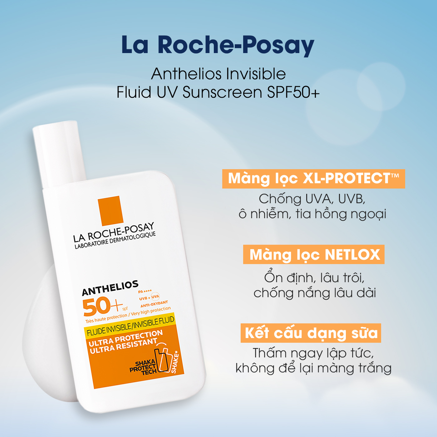 Kem chống nắng La Roche-Posay Anthelios Invisible có chỉ số SPF 50+, với màng lọc XL-PROTECT™ giúp chống UVA, UVB, ô nhiễm, tia hồng ngoại, và màng lọc NETLOX đảm bảo hiệu quả bảo vệ lâu dài, kết cấu dạng sữa thấm ngay lập tức, không để lại màng trắng, hoàn hảo cho hội con trai mê vận động.