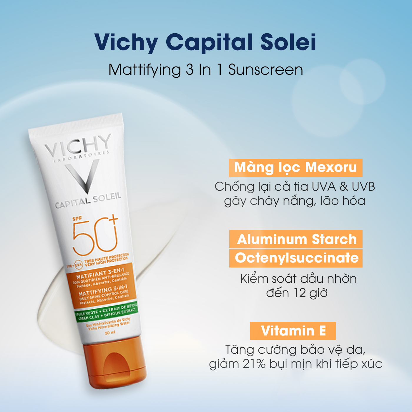 Vichy Capital Soleil chứa Màng lọc Mexorul, bảo vệ da khỏi UVA/UVB, với SPF 50+ và khả năng kiểm soát dầu trong 12 giờ. Kem chống nắng thấm nhanh, không nhờn rít, lý tưởng cho nam giới thích thể thao và nhận quà từ GWP Vietnam.