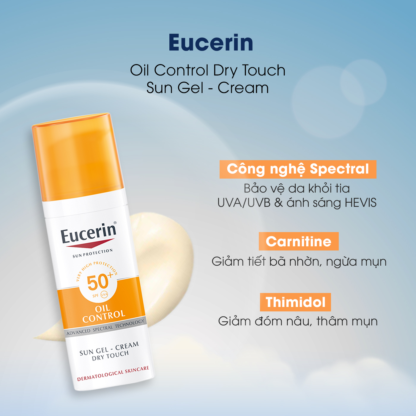 Eucerin Oil Control Dry Touch Sun Gel - Cream, sản phẩm kem chống nắng kiềm dầu, thấm nhanh, bảo vệ da khỏi tia UVA/UVB, giảm tiết bã nhờn, phù hợp cho nam, không nhờn rít, GWP Vietnam.