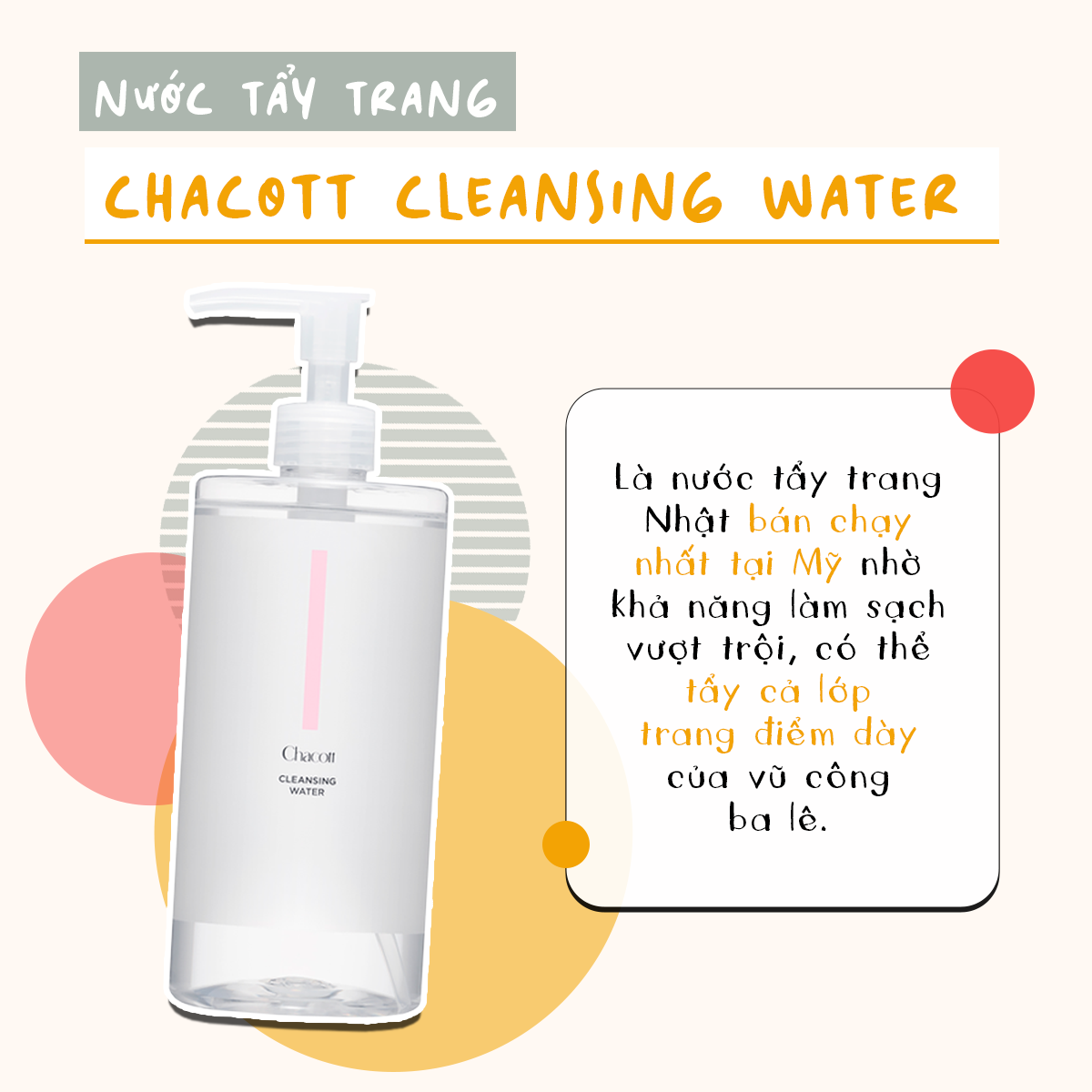 Nước tẩy trang Chacott Cleansing Water, sản phẩm bán chạy nhất Nhật tại Mỹ, nổi bật với khả năng làm sạch vượt trội, có thể tẩy cả lớp trang điểm dày của make up.