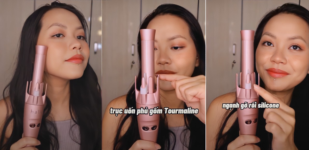 Mỹ Linh giới thiệu máy uốn tóc tự động Halio, dưới góc nhìn gần cho thấy các chi tiết như trục uốn Tourmaline và chất liệu silicone. Cô chia sẻ về cách sử dụng sản phẩm dễ dàng và hiệu quả để có mái tóc bồng bềnh chỉ trong 15 phút.