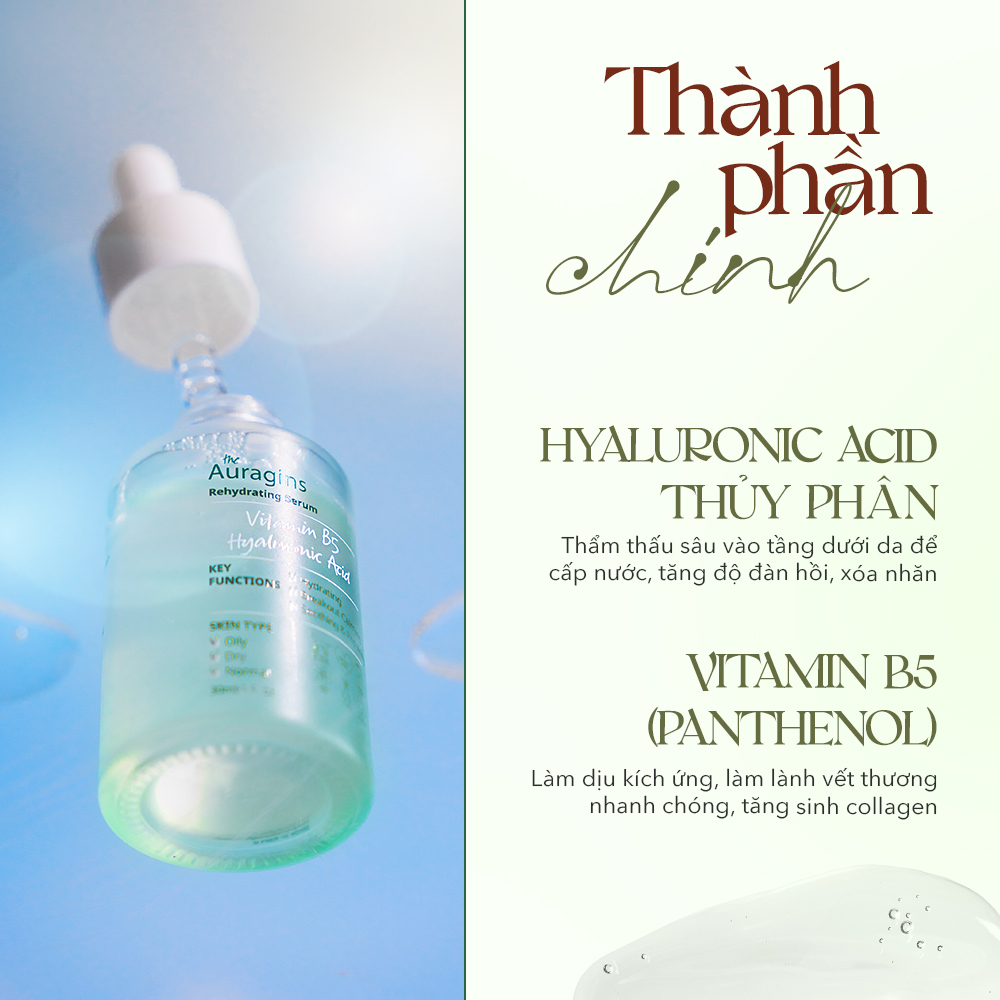 Serum Rehydrating của The Auragins chứa Hyaluronic Acid và Vitamin B5, giúp cấp nước, làm mềm da và hỗ trợ phục hồi tổn thương, đặc biệt hiệu quả cho da dầu và da mụn. Sản phẩm chất lượng với giá cả phải chăng, lý tưởng cho mọi loại da.