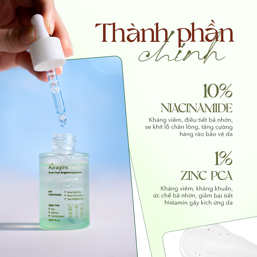 Nội dung từ bài viết về 3 serum mới của The Auragins với thành phần chính là 10% Niacinamide và 1% Zinc PCA, phù hợp để điều trị da mụn, da xỉn màu và lỗ chân lông to. Tìm hiểu thêm về serum dưỡng ẩm tốt và tẩy tế bào chết BHA.