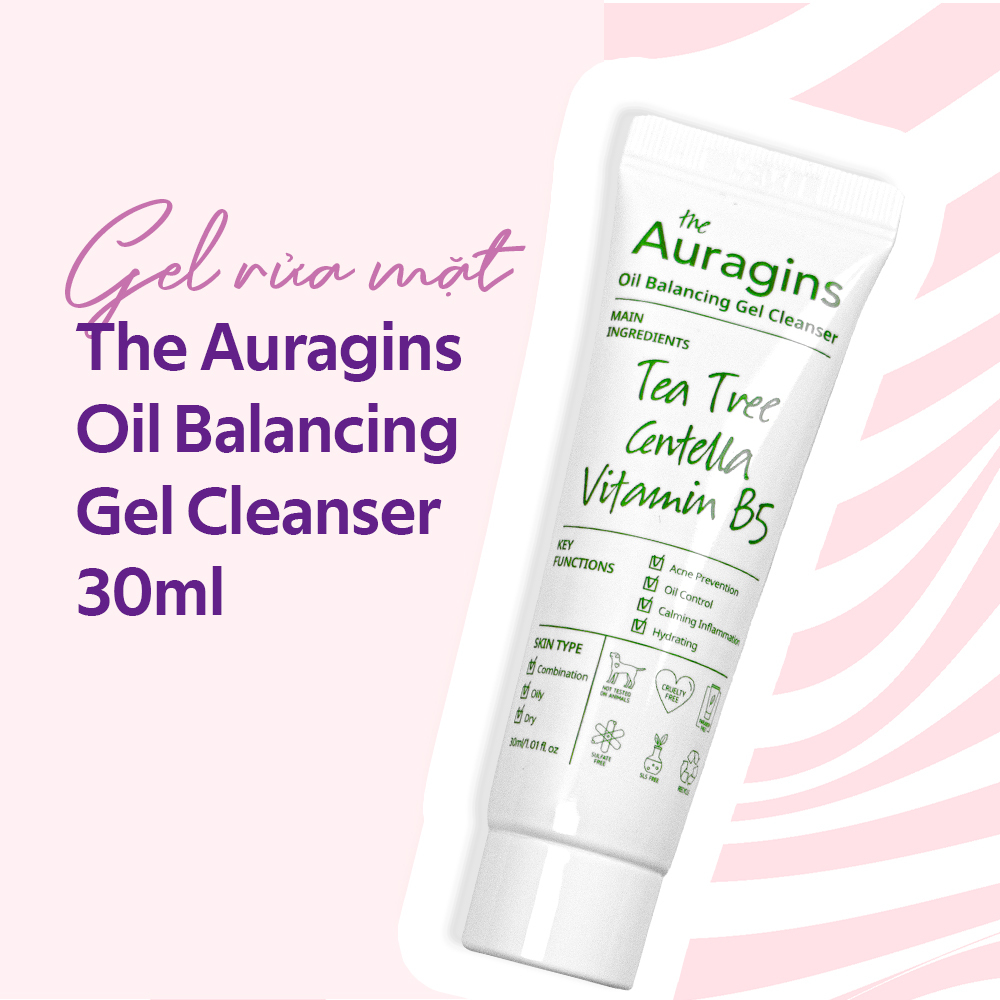 Gel rửa mặt The Auragins với chiết xuất tràm trà, centella và vitamin B5, dành cho làn da dầu và da nhạy cảm. Quà tặng từ Lixibox trong lễ hội âm nhạc, hỗ trợ kiểm soát dầu, ngăn ngừa mụn và cung cấp độ ẩm hiệu quả.