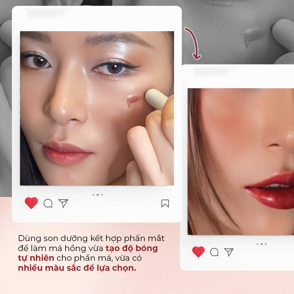 Dùng son dưỡng kết hợp phấn mắt để làm má hồng vừa tạo độ bóng tự nhiên cho phần má, vừa có nhiều màu sắc để lựa chọn. Hướng dẫn trang điểm tối giản từ beauty tiktoker Lucy cho người mới bắt đầu.