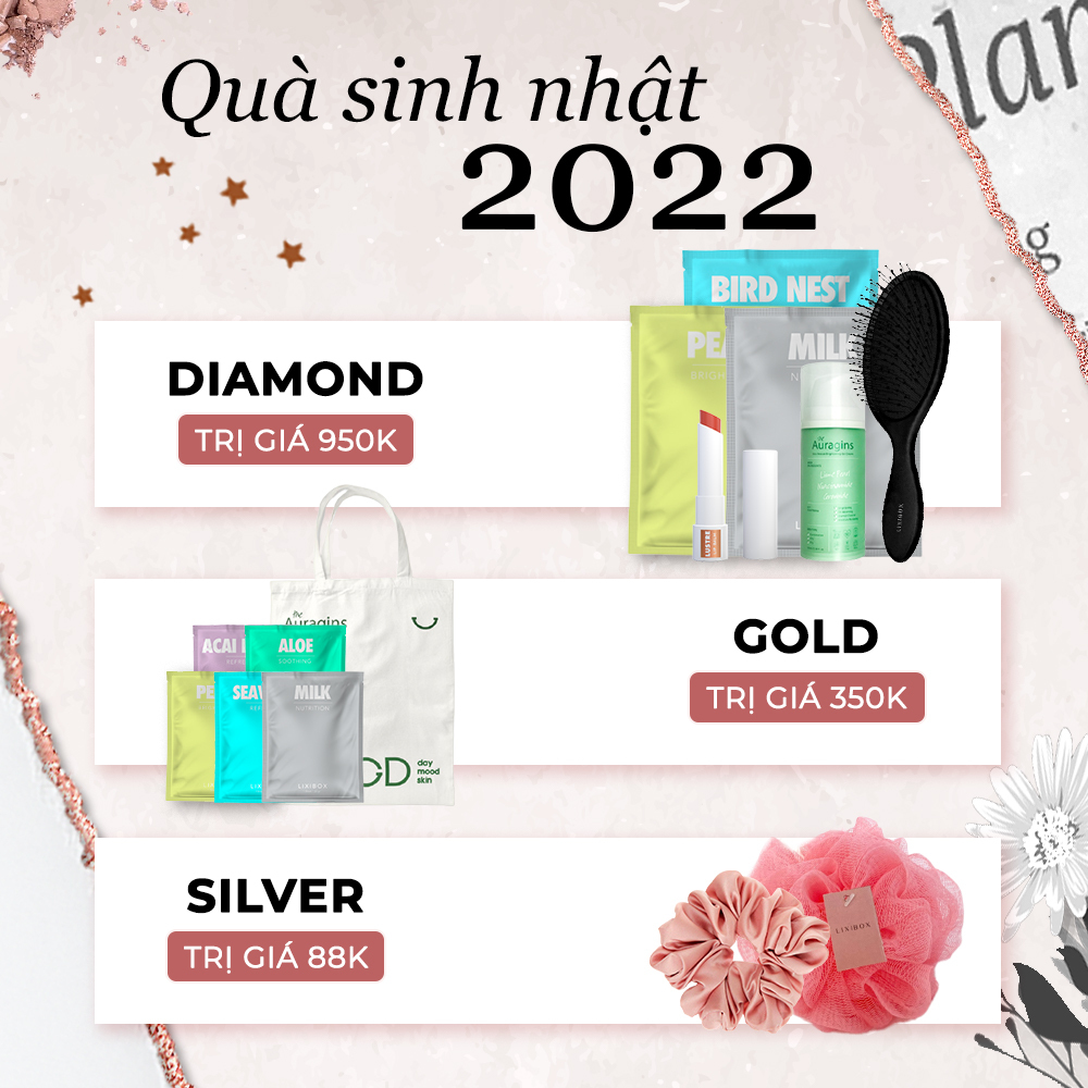 Khám phá chương trình quà sinh nhật 2022 tại Lixibox với các gói quà tặng GWP cực hấp dẫn: Diamond trị giá 950K, Gold trị giá 350K và Silver trị giá 88K. Nhận ngay yêu đãi khi mua hàng online lixibox và trải nghiệm chương trình lixicoin.