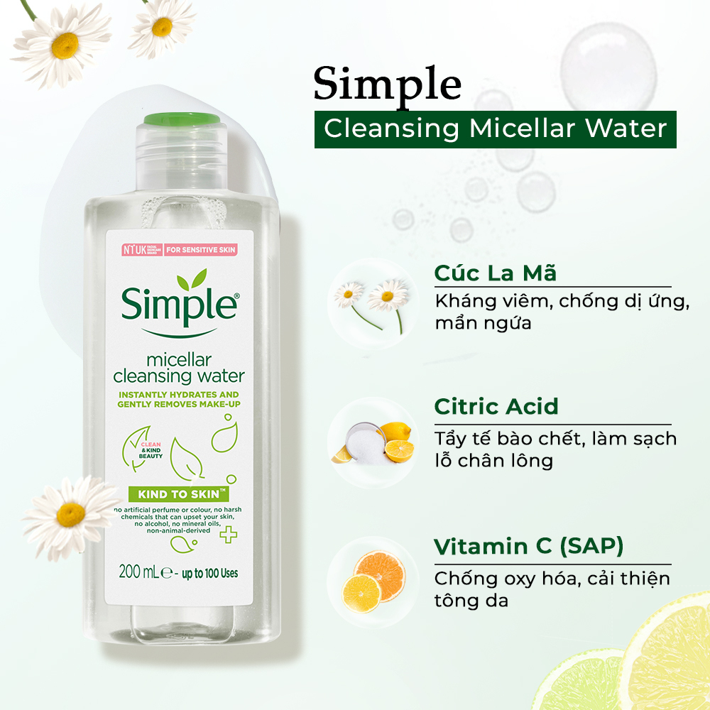 Nước tẩy trang Simple giúp làm sạch da mặt một cách dịu nhẹ, thích hợp cho mẹ bầu. Chứa các thành phần như cúc la mã, axit citric và vitamin C, sản phẩm hỗ trợ kháng viêm, cung cấp độ ẩm, làm sạch lỗ chân lông và cải thiện tông da.