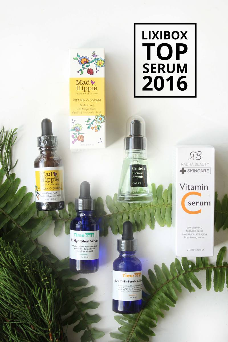 Bài viết "BEST CHOICES 2016 - SERUM & ESSENCE & TREATMENT YÊU THÍCH NHẤT 2016" giới thiệu các loại serum, essence và treatment được yêu thích và bán chạy nhất trong năm 2016. Ảnh mô tả các sản phẩm serum hàng đầu như Mad Hippie Vitamin C Serum và Timeless B5 Hydration Serum.