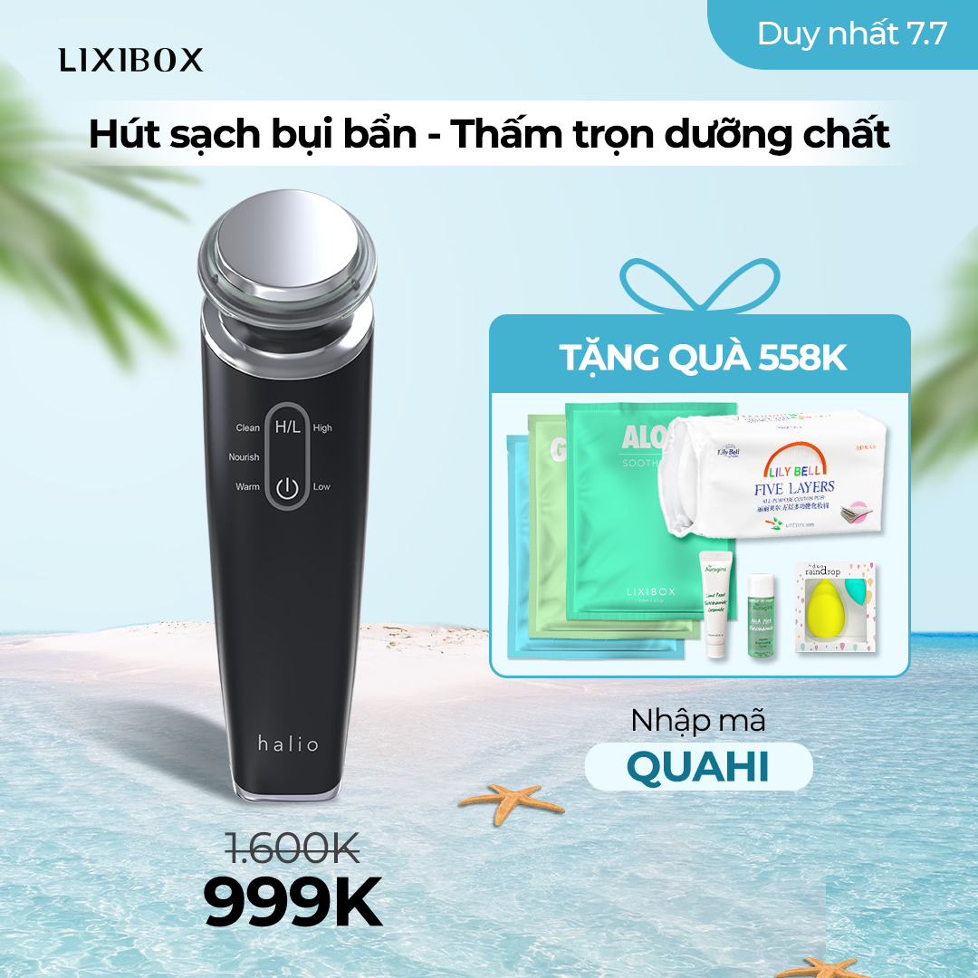 Máy hút bụi Halio giảm giá còn 999K trong siêu sale 7.7, kèm quà tặng trị giá 558K. Cơ hội tuyệt vời cho tín đồ làm đẹp với các sản phẩm như phấn nước April Skin, tinh chất The Auragins trong chương trình sale của Lixibox.