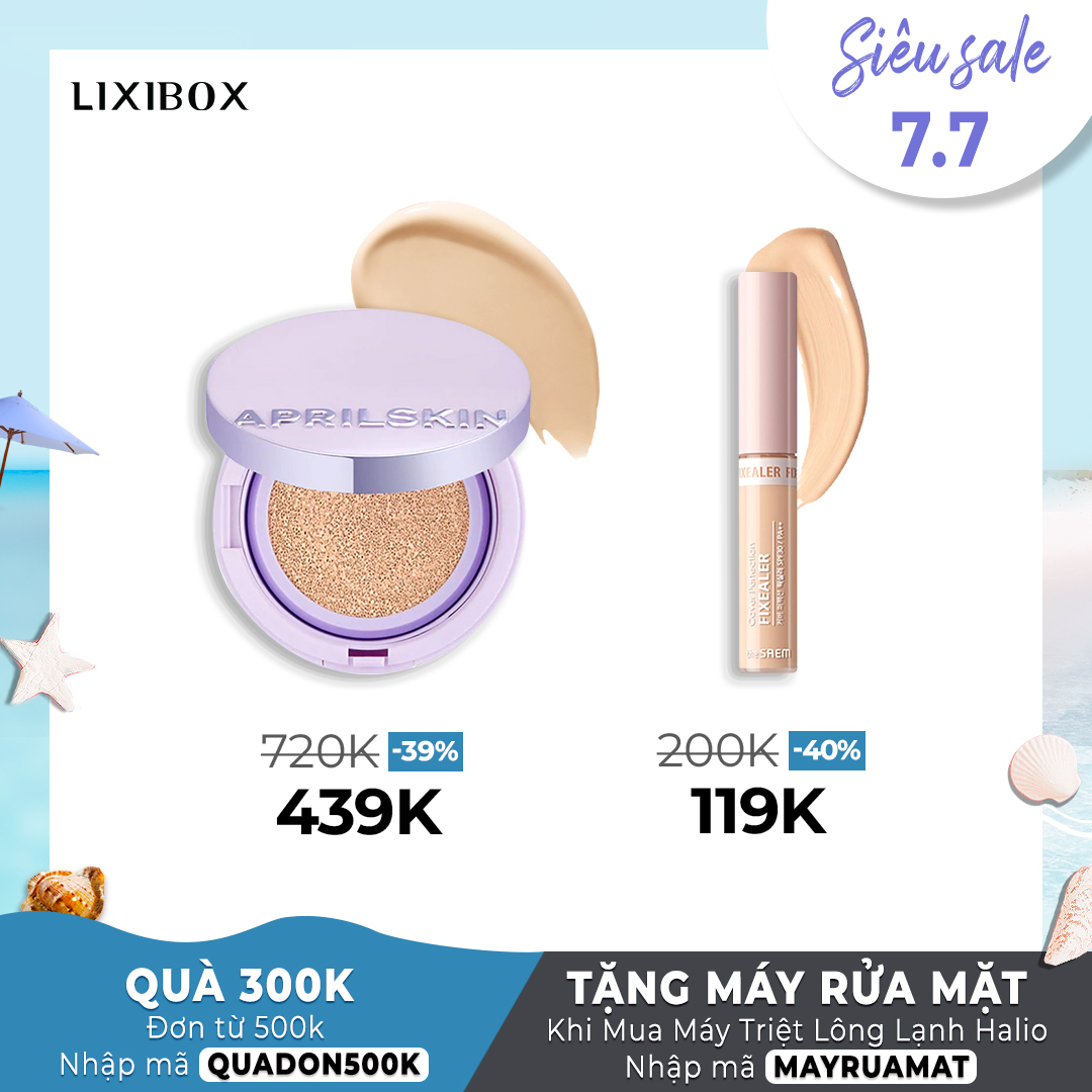 Siêu sale 7.7 trên Lixibox với phấn nước April Skin giảm giá 39% chỉ còn 439K và kem che khuyết điểm giảm 40% chỉ còn 119K. Chương trình GWP hấp dẫn với nhiều quà tặng cho tín đồ làm đẹp.