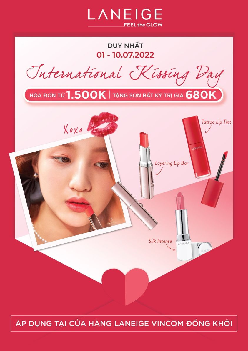 Khám phá chương trình GWP hấp dẫn từ Laneige nhân ngày Quốc tế Hôn. Mua sản phẩm từ 1.500K nhận quà tặng son trị giá 680K, áp dụng tại cửa hàng Laneige Vincom Đồng Khởi. Tham gia ngay để nhận ưu đãi!