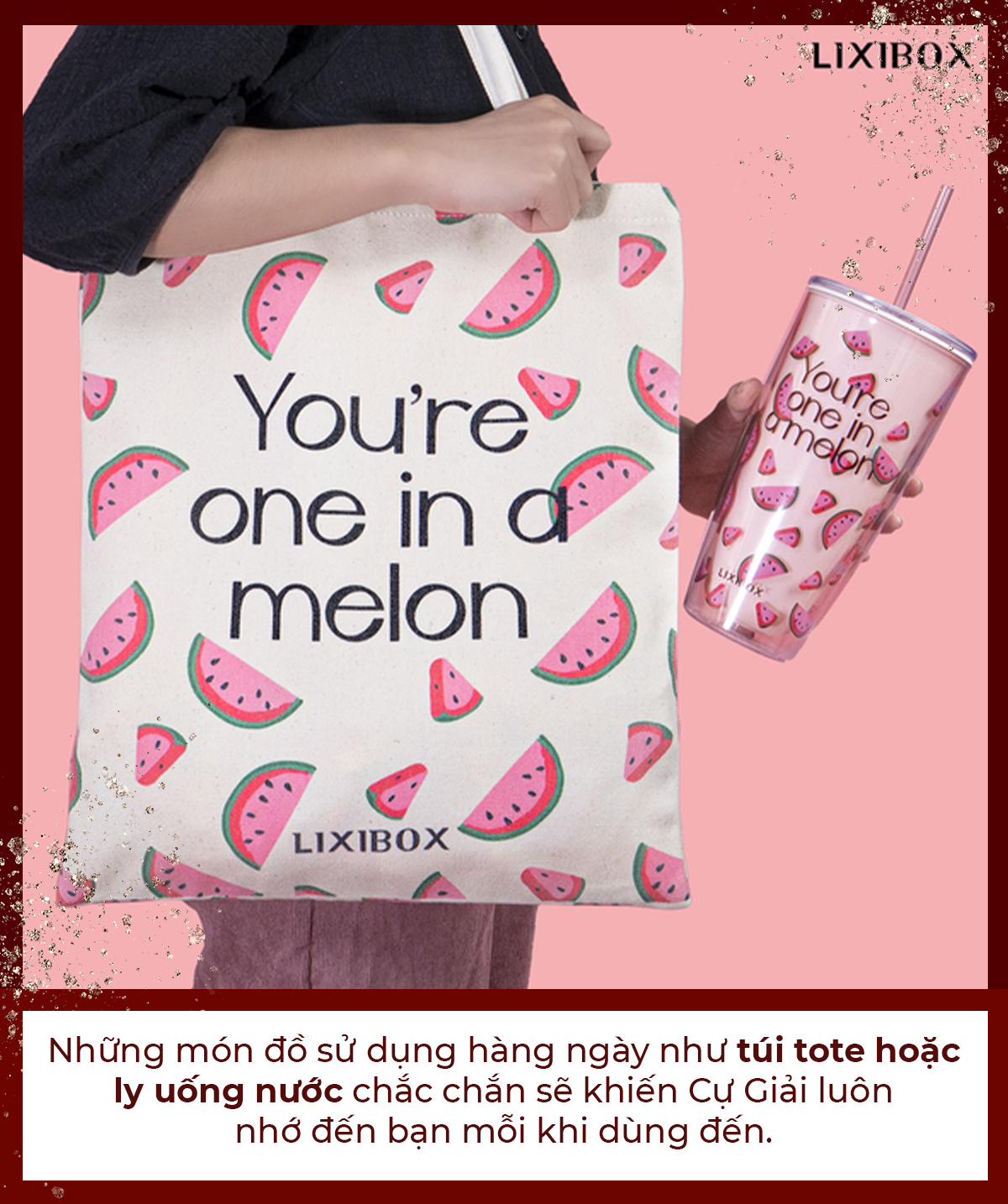 Túi tote và ly uống nước Lixibox với thiết kế dễ thương có chữ "You're one in a melon", là món quà sinh nhật tháng 7 độc đáo cho Cự Giải và Sư Tử. Cùng với chương trình GWP, món quà này khiến bạn bè bạn sẽ tan chảy.