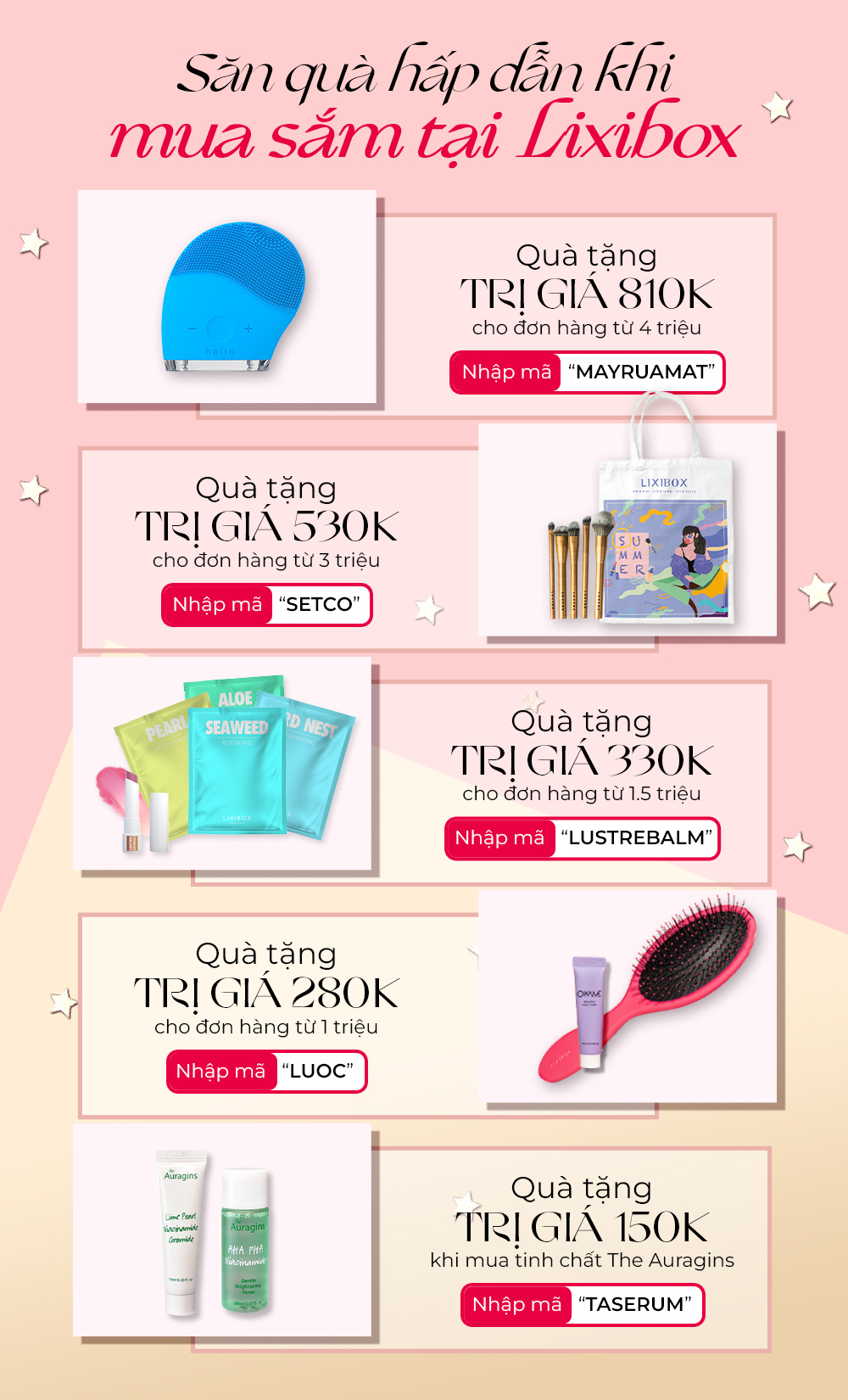 GWP Lixibox giới thiệu nhiều quà tặng hấp dẫn cho khách hàng, từ giá trị 150k đến 810k khi mua sắm các sản phẩm làm đẹp, trong đó có các mã quà tặng như "MAYRUAMAT", "SETCO", "LUSTREBALM", "LUOC", và "TASERUM". Chương trình GWP này đem đến những ưu đãi độc quyền trong sự kiện Lixibox 9.9.