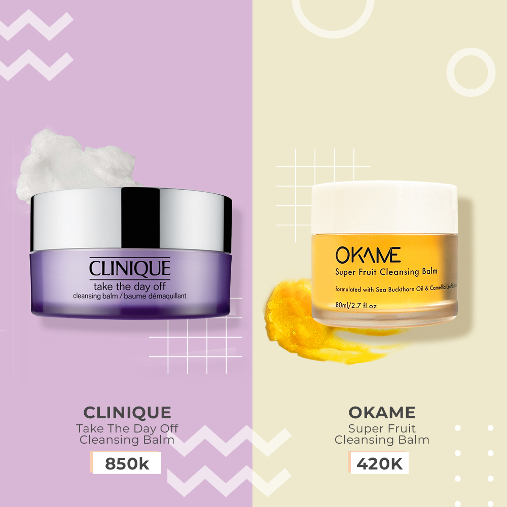 Hình ảnh so sánh giữa sản phẩm tẩy trang "Clinique Take The Day Off" giá 850k và "Okame Super Fruit Cleansing Balm" giá 420k, trong bài viết gợi ý 11 bản dupe giá rẻ từ Lixibox với chương trình GWP hấp dẫn.
