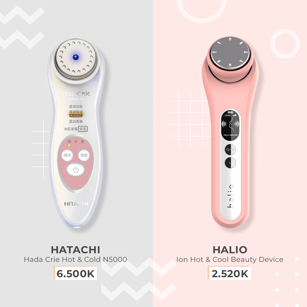 Hai sản phẩm làm đẹp: Hada Crie Hot & Cold N5000 và Ion Hot & Cool Beauty Device của Halio, với mức giá lần lượt là 6.500K và 2.520K. Khám phá những bản dupe skincare tuyệt vời tại Lixibox, cùng chương trình GWP hấp dẫn.