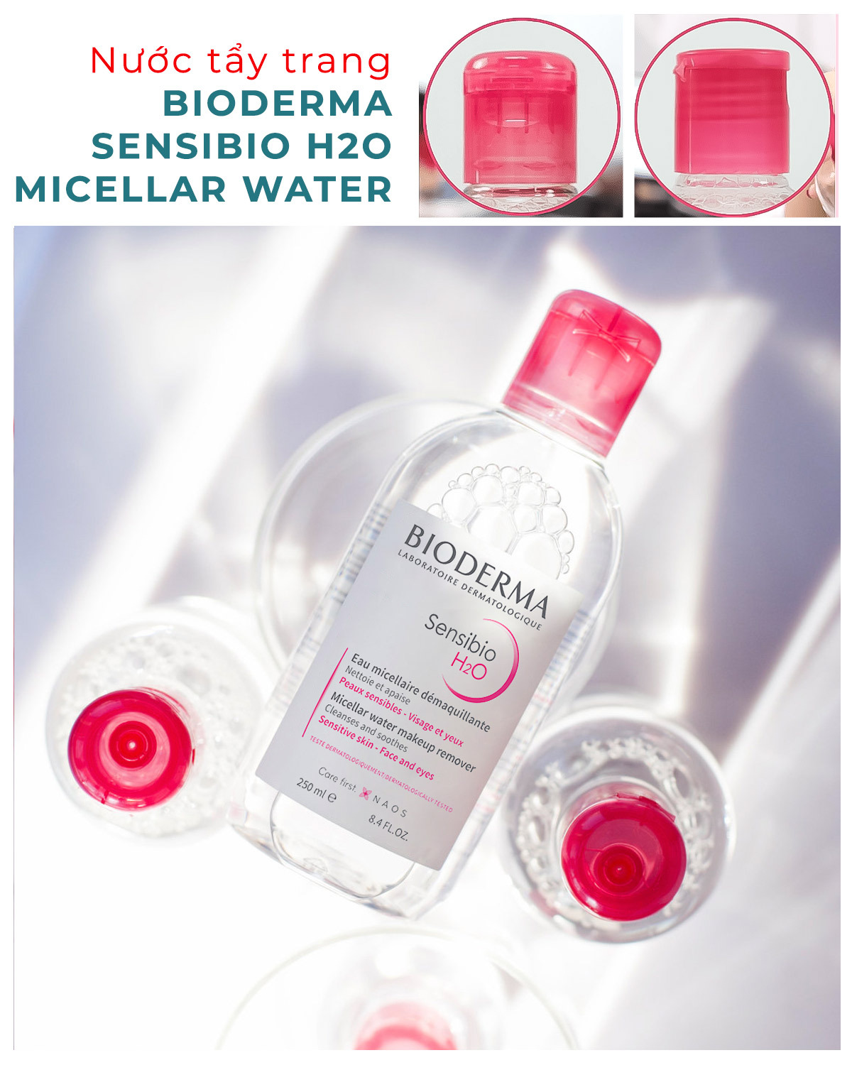 Nước tẩy trang Bioderma Sensibio H2O với dung tích 250ml, hình ảnh mô tả bao bì sản phẩm và các đầu nắp khác nhau, hướng dẫn cách phân biệt mỹ phẩm giả, tại Lixibox, cơ hội mua sắm mỹ phẩm chính hãng và nhận GWP tại Việt Nam.