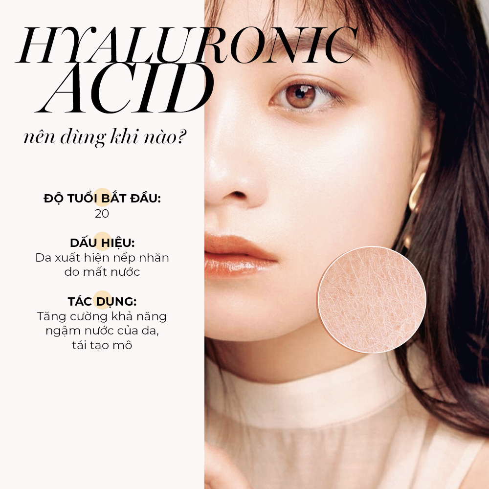 Hyaluronic Acid: Nên dùng khi nào? Độ tuổi bắt đầu: 20. Dấu hiệu: Da xuất hiện nếp nhăn do mất nước. Tác dụng: Tăng cường khả năng ngậm nước của da, tái tạo mô. Hướng dẫn về thành phần dưỡng da nên dùng khi nào cùng Tiến sĩ Terry Loong.