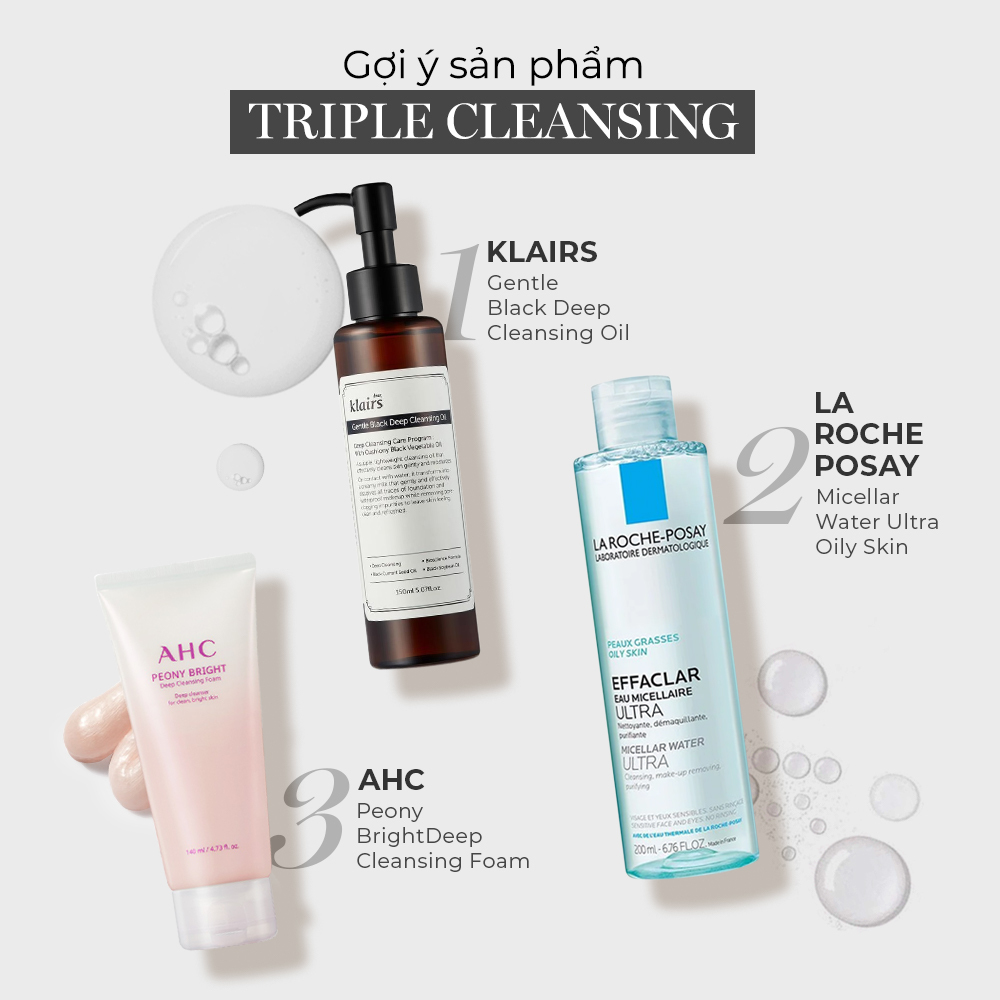 Bộ sản phẩm skincare gợi ý từ "nữ luật sư kỳ lạ" Park Eun Bin, bao gồm dầu tẩy trang Klairs, nước tẩy trang La Roche-Posay, và sữa rửa mặt AHC Peony Bright. Bí kíp chăm sóc da hiệu quả với 5 mẹo skincare từ Park Eun Bin.